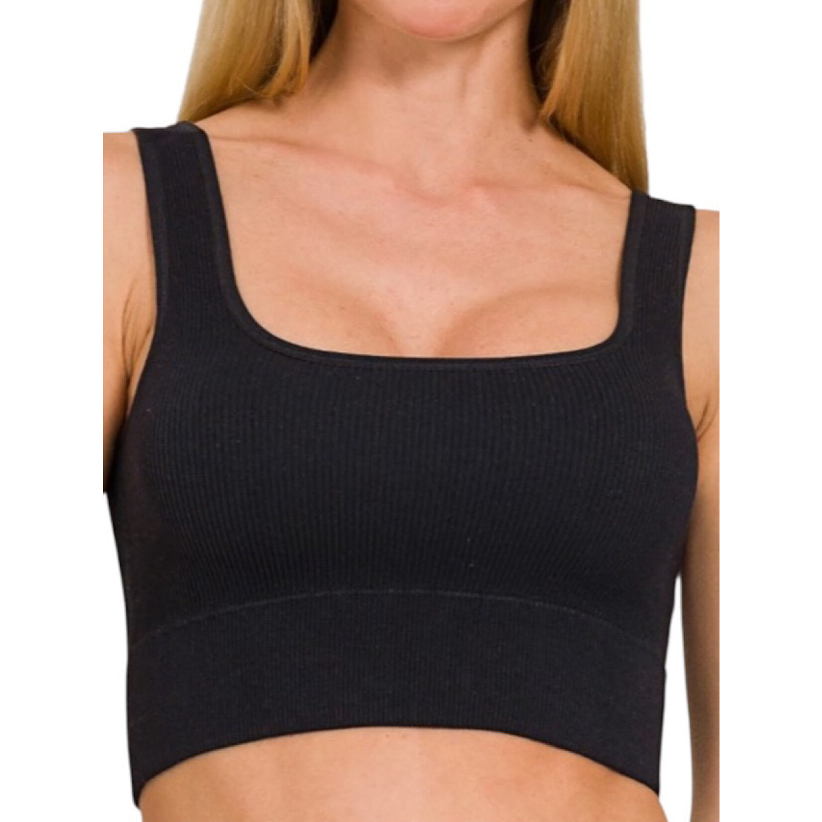 Black Seamless Ribbed Square Neck Cropped Tank