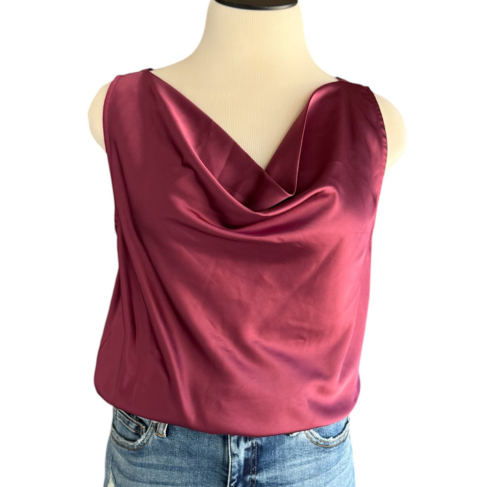 She + Sky Maroon Satin Cowl Neck Body Suit Size Medium -RF