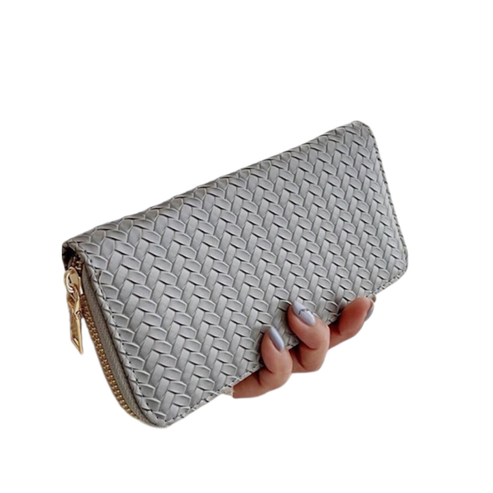 Grey Vegan Leather Woven Weave Long Wallet