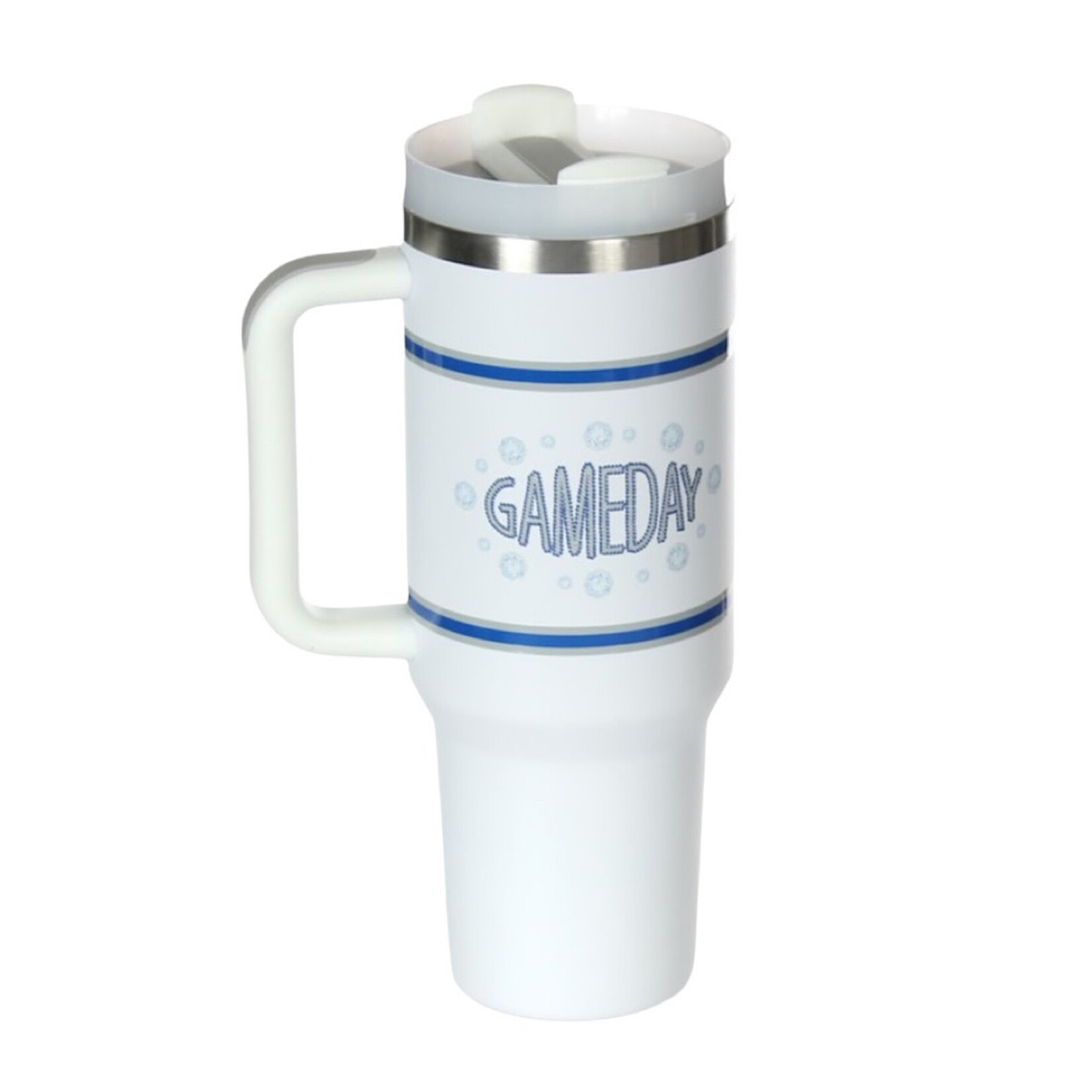 White/Blue Game Day Stainless Steel Tumbler with 2 Straws