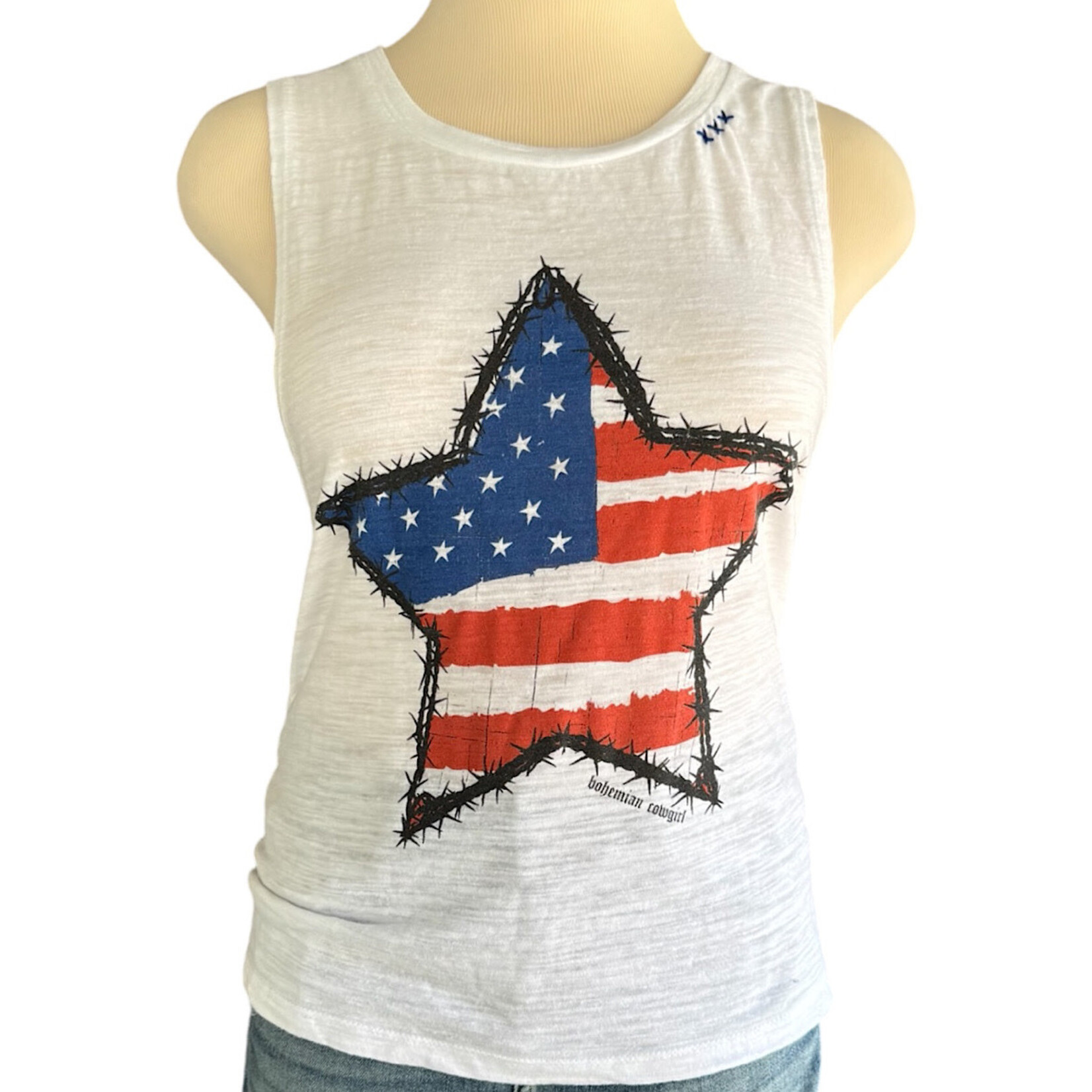 Bohemian Cowgirl Flag Printed Star White Tank Size Small -RF