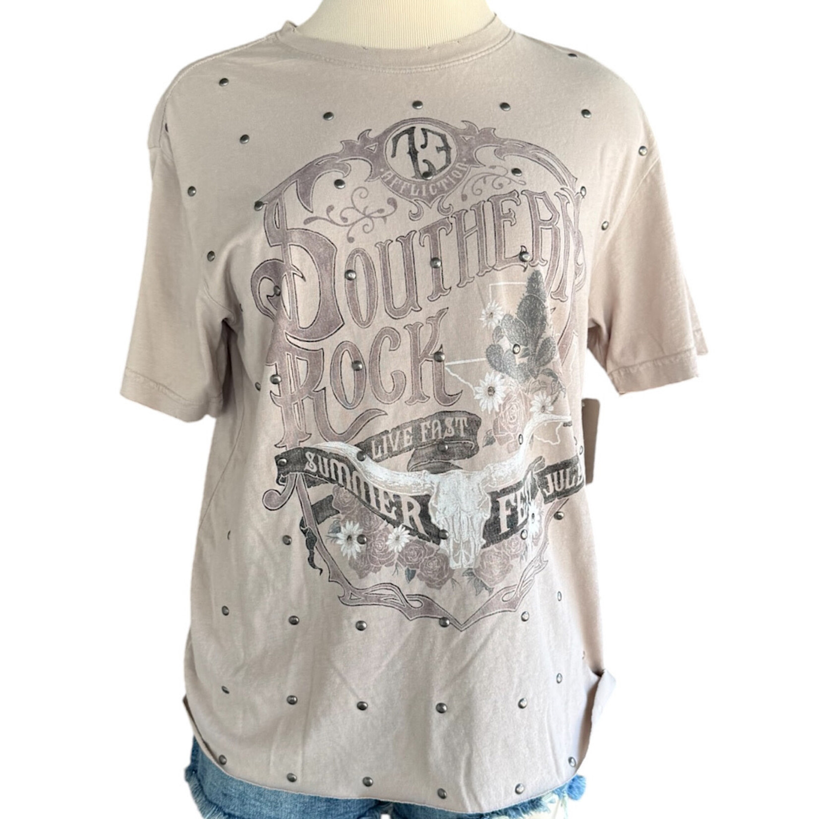 Affliction Khaki Summer Fest Graphic Tee Size Small -RF