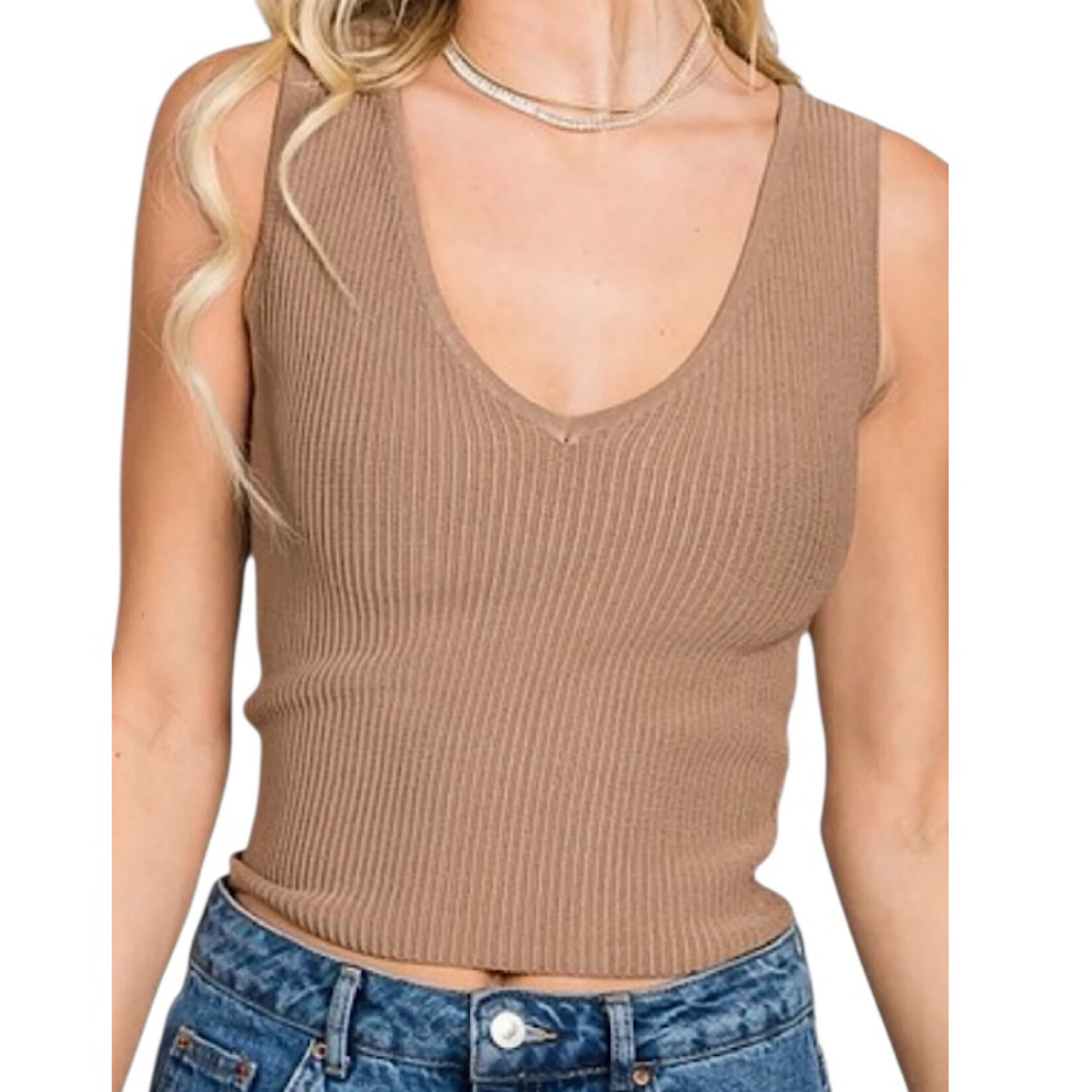 Mocha Bodycon Techno Rib V Neck Tank