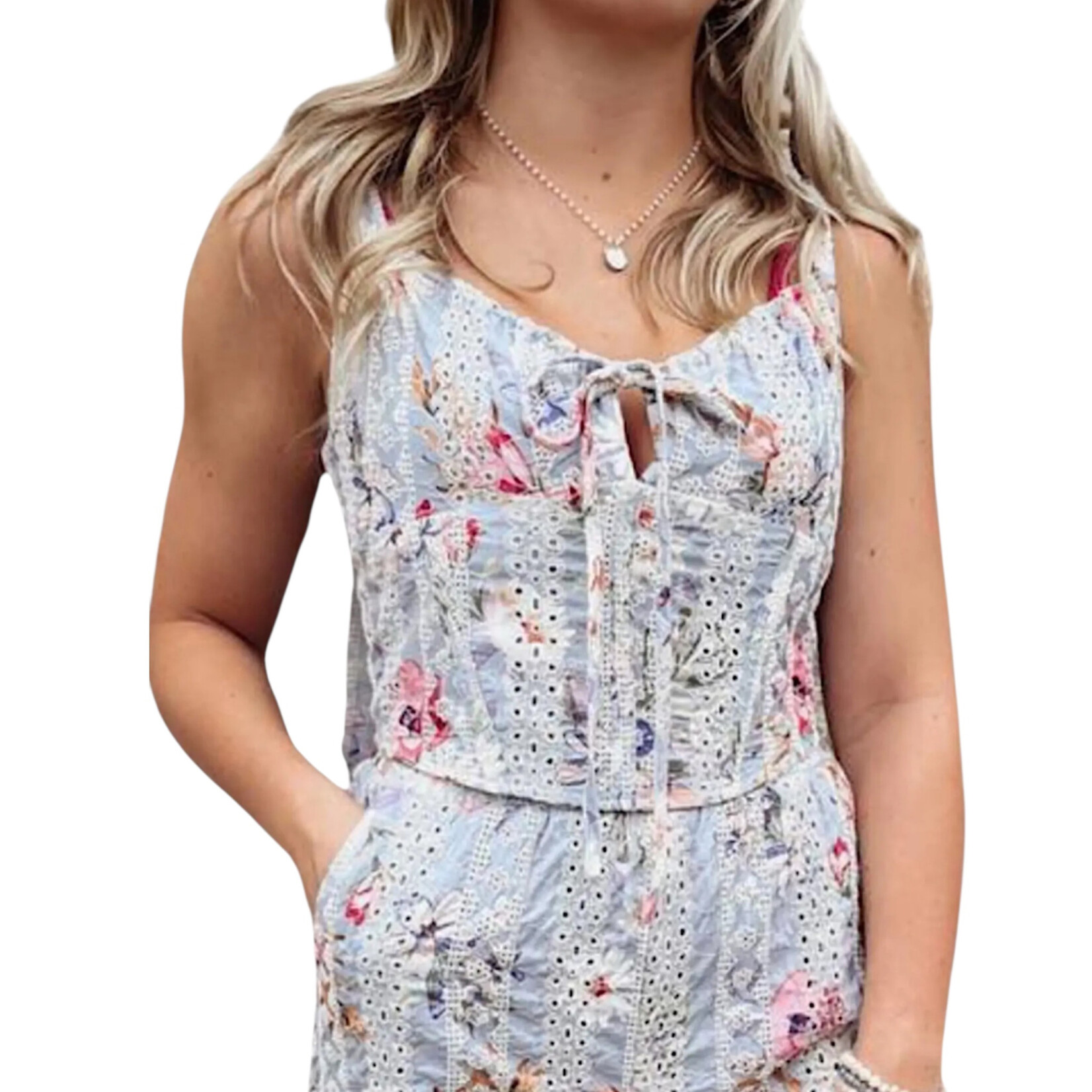 Blue Multi Sleeveless Floral Tie Front Crop Top
