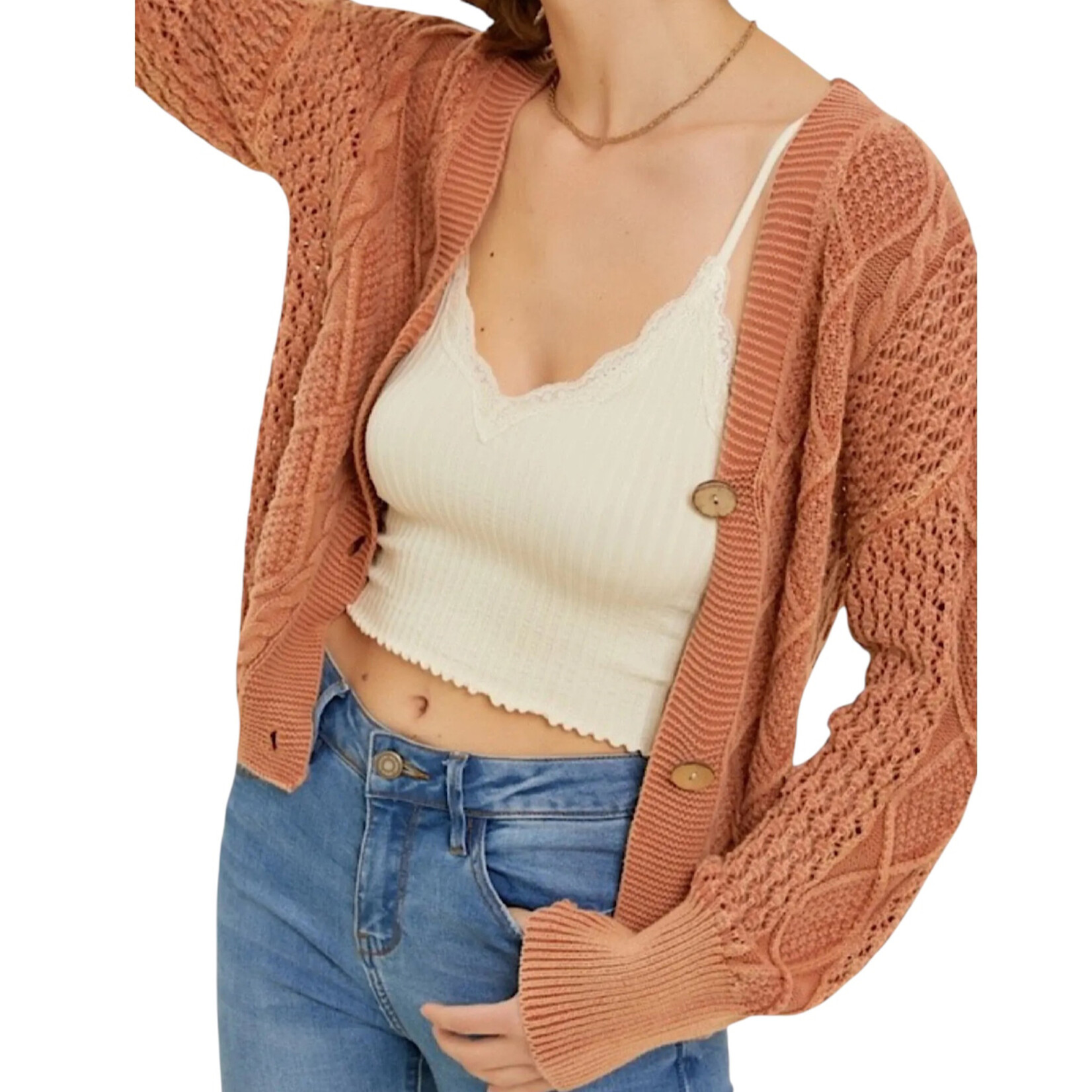 Baked Clay Washed Cable Knit Button Down Crop Cardigan