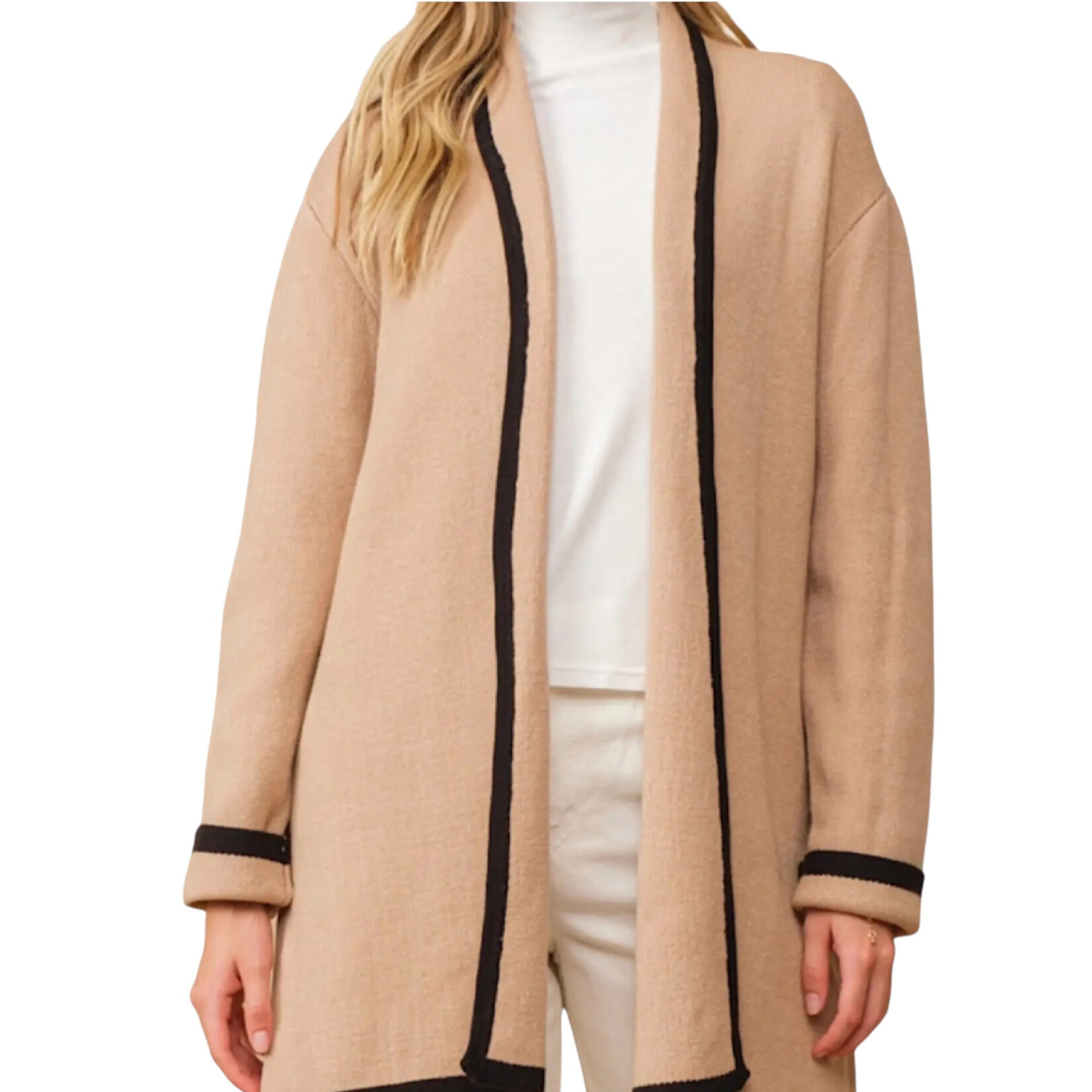 Taupe Soft Heavy Knit Cardigan with Black Hem Stripe