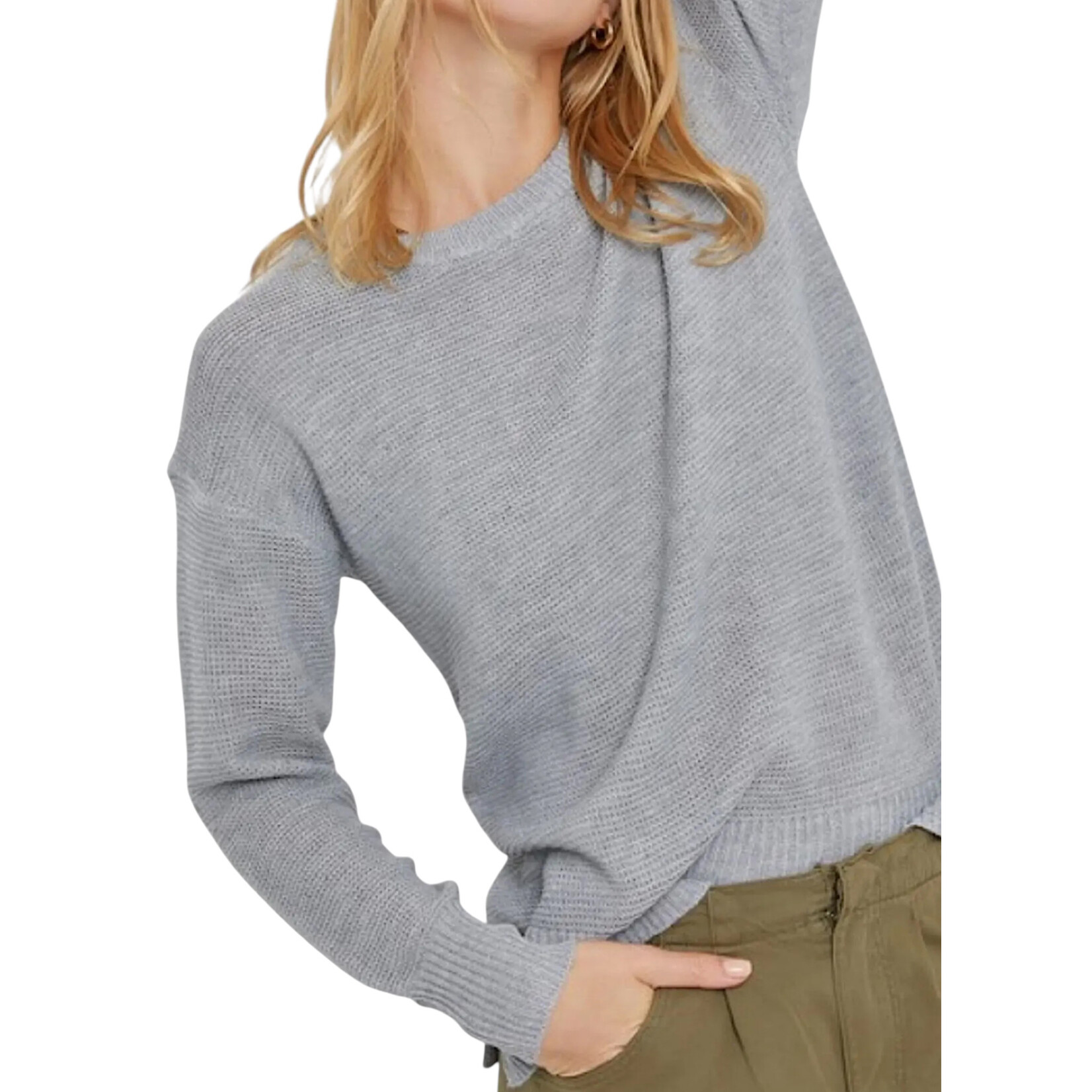 Heather Grey Sweater with Drop Shoulder and Ribbed Cuffs