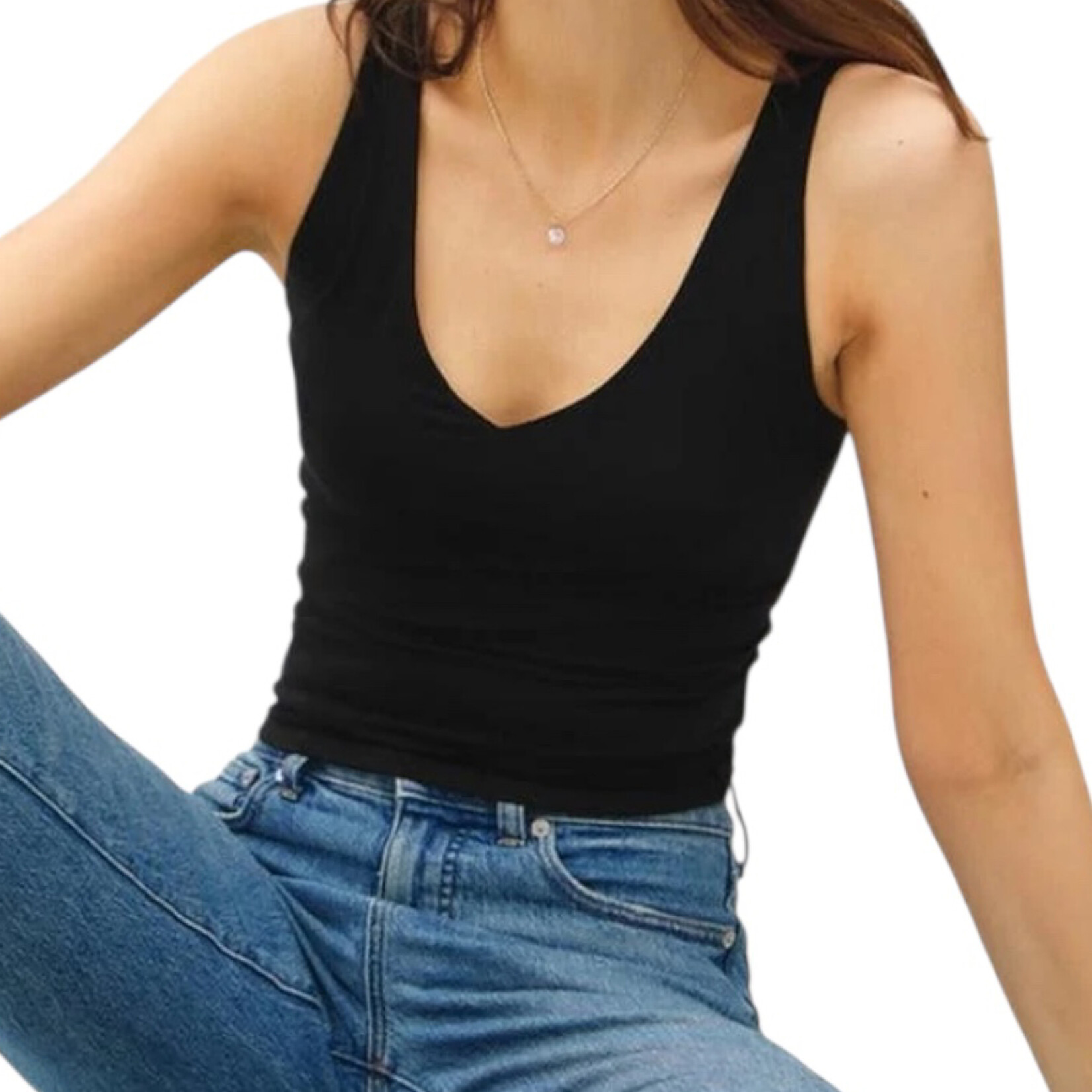 Black Knit Double Lined V Neck Basic Tank