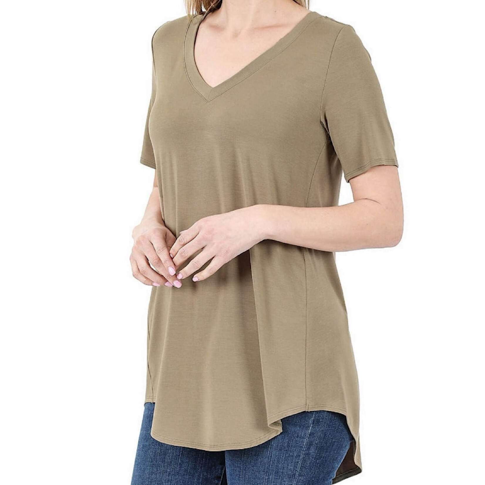 Plus Khaki Rayon Short Sleeve V-Neck Top