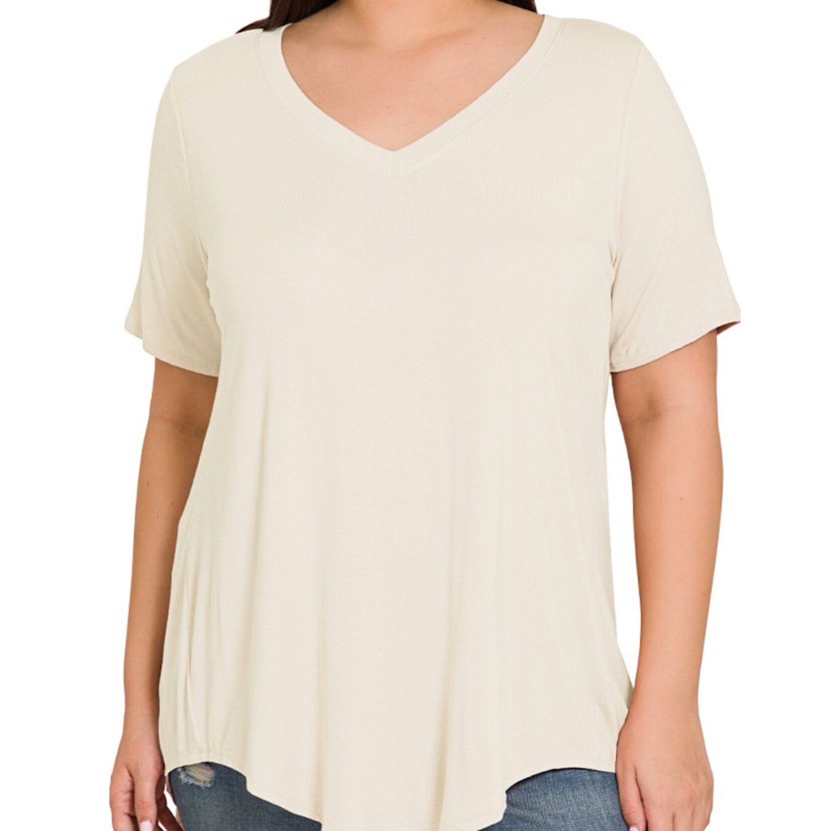 Plus Beige Rayon Short Sleeve V-Neck Top