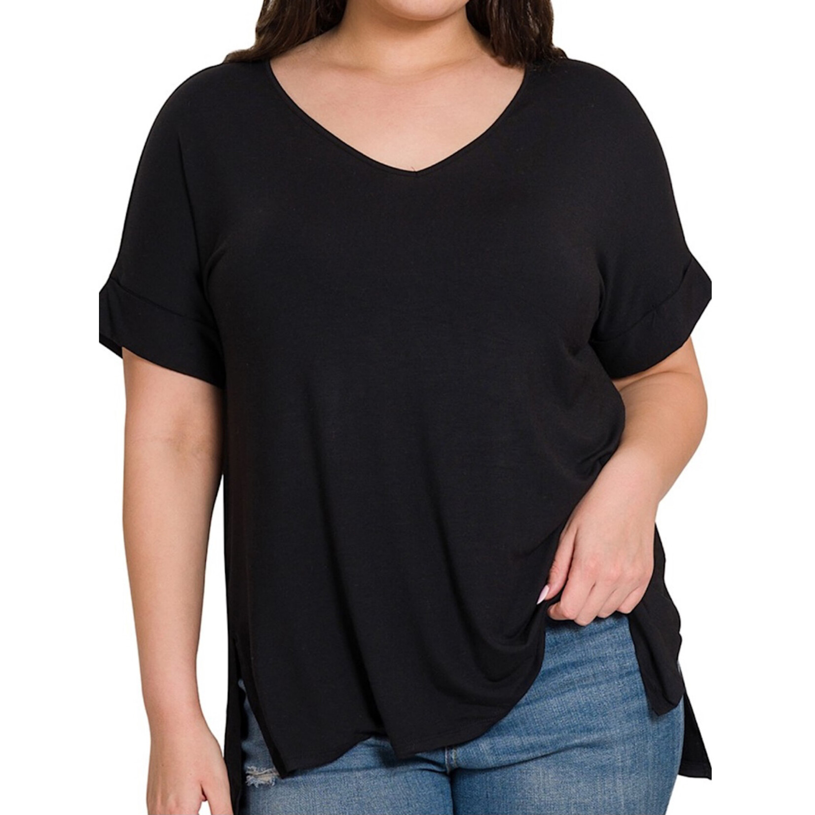 Plus Black Modal Short Sleeve V-Neck Top