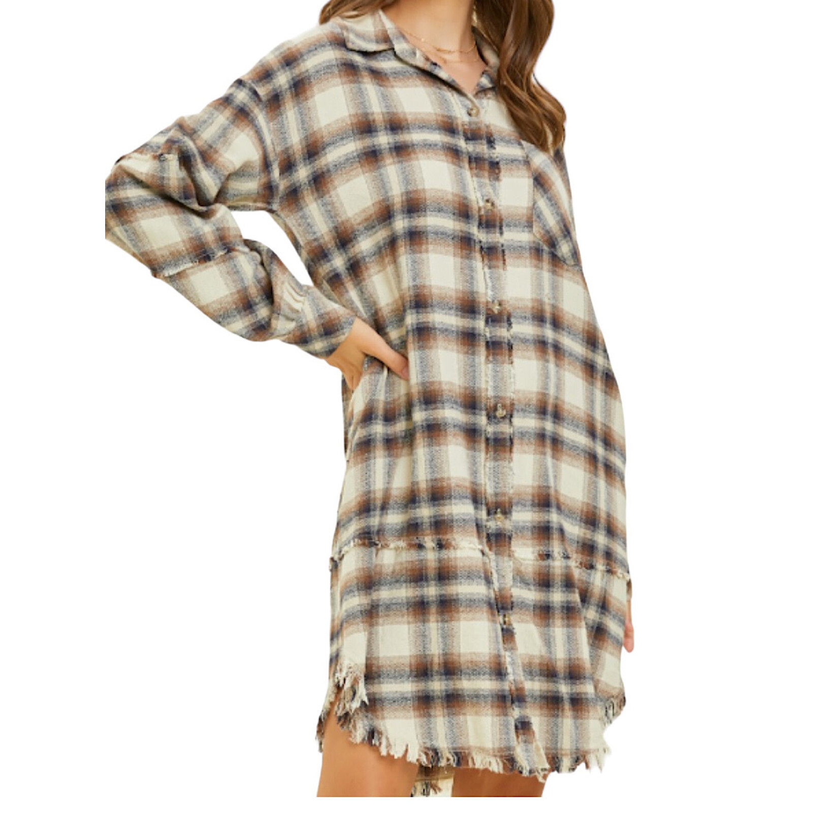Stone Multi Washed Plaid Button Down Shirt Dress