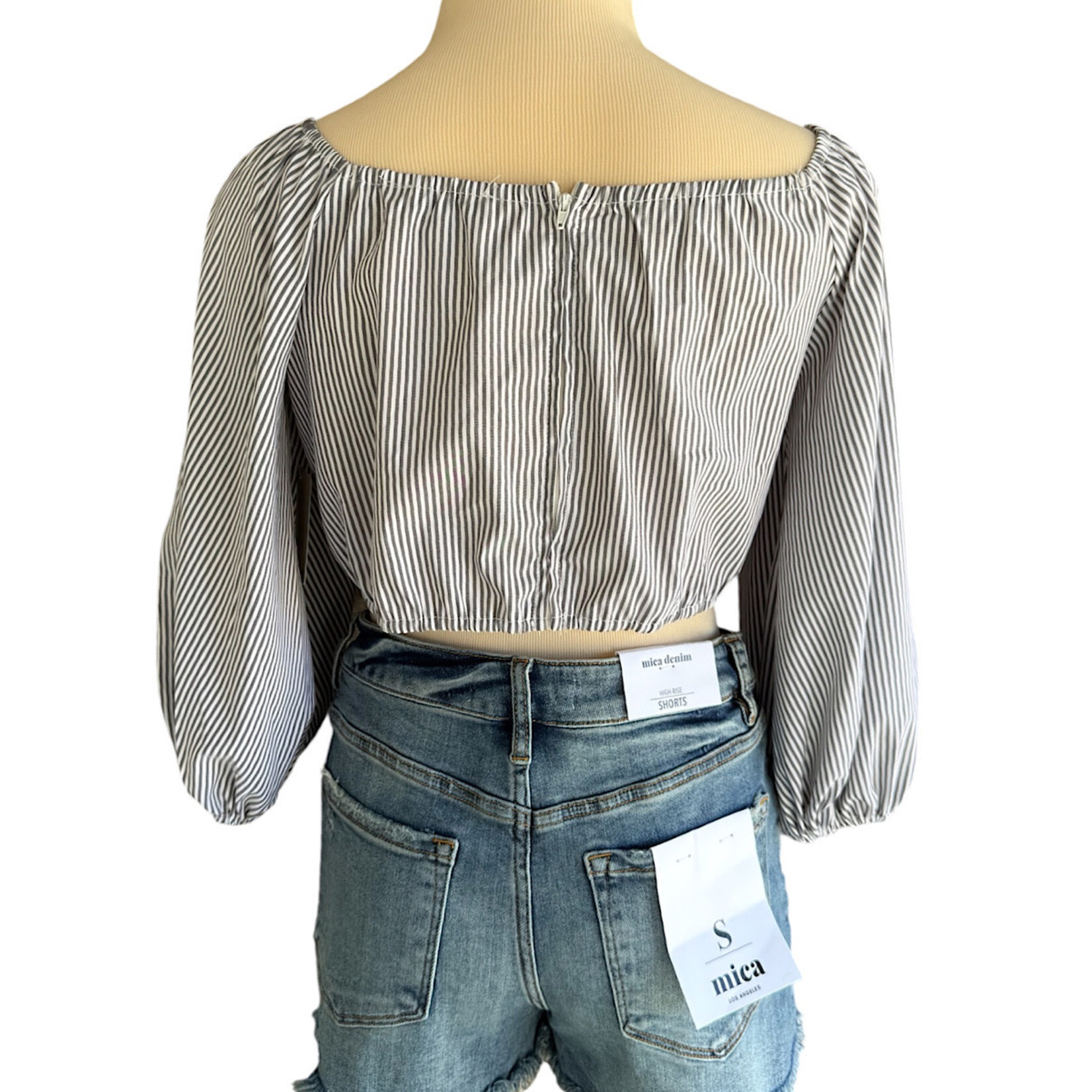 Hyfve Gray & White Striped Long Sleeve Crop Top Size L-RF