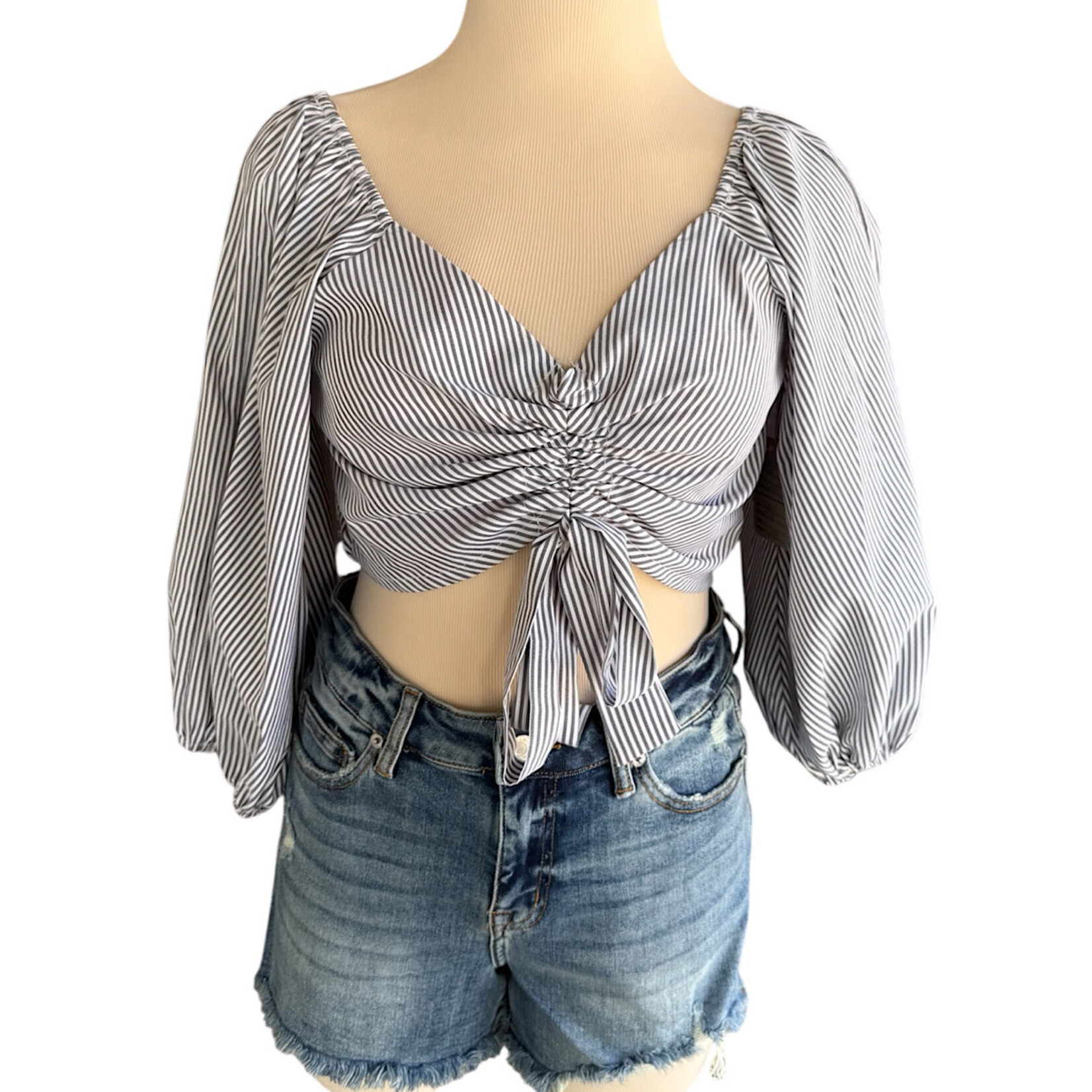 Hyfve Gray & White Striped Long Sleeve Crop Top Size L-RF