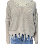 Beige Frayed Hem Sweater Size Large-RF