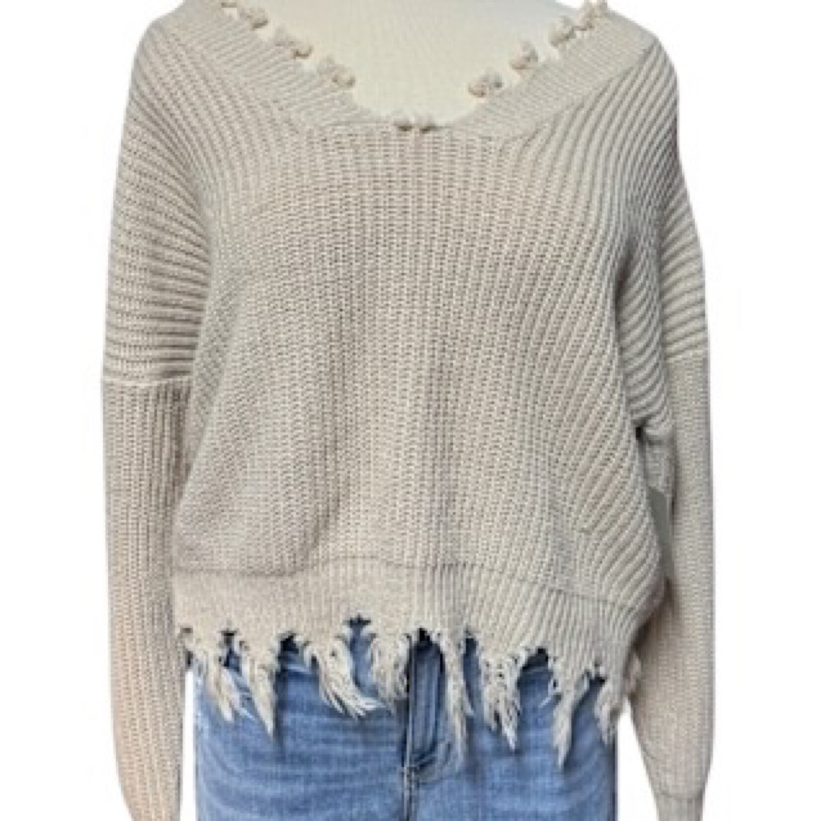 Daytrip Beige Frayed Hem Sweater Size Large-RF