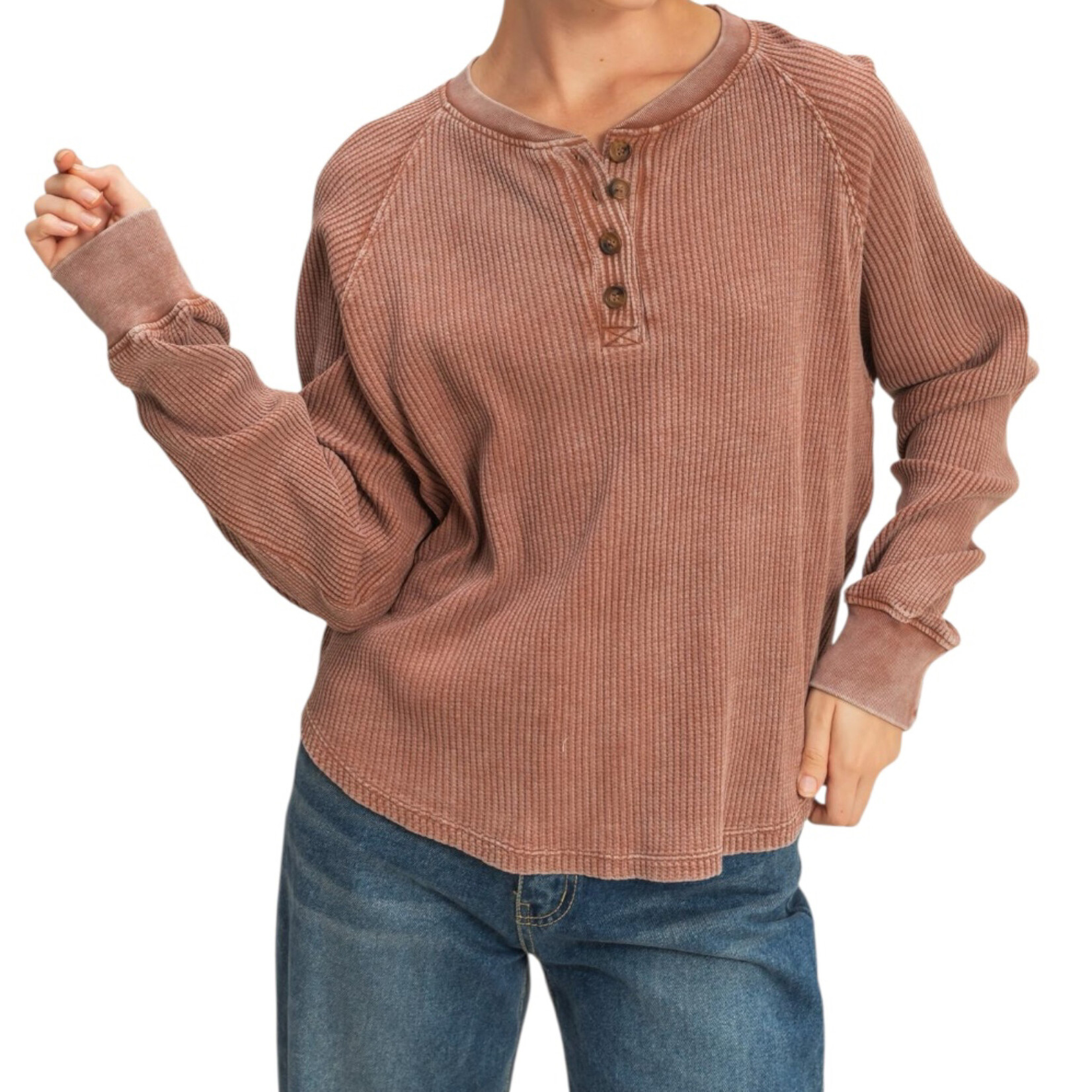 Chestnut Mineral Washed Henley Waffle Knit Top