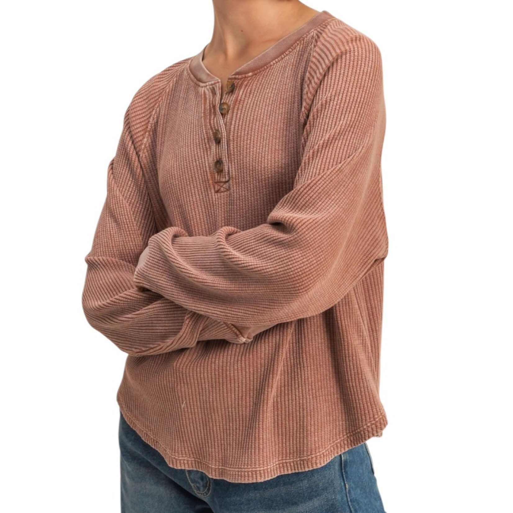 Chestnut Mineral Washed Henley Waffle Knit Top