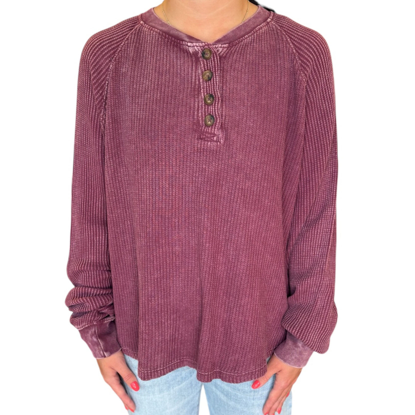 Dark Cherry Mineral Washed Henley Waffle Knit Top