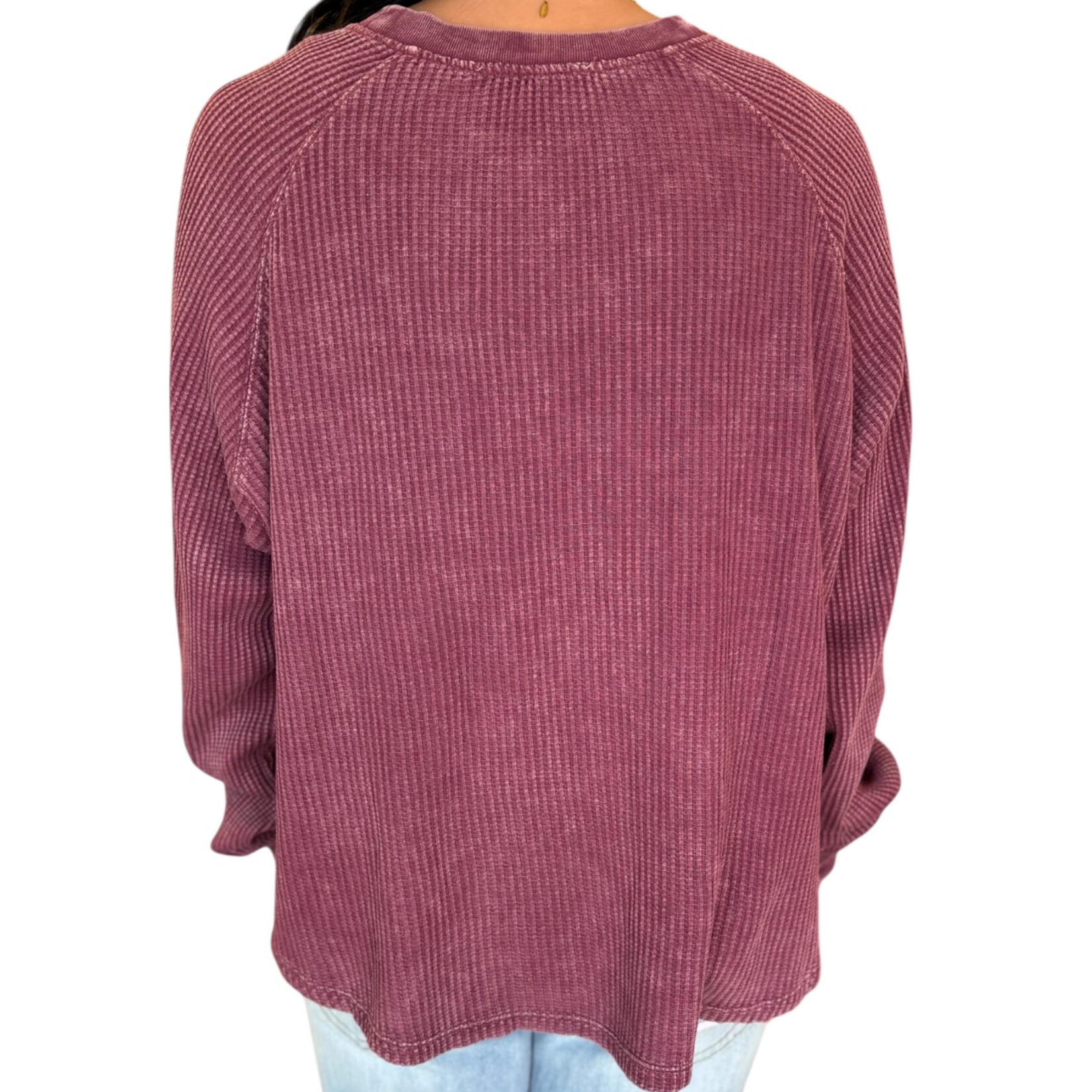 Dark Cherry Mineral Washed Henley Waffle Knit Top