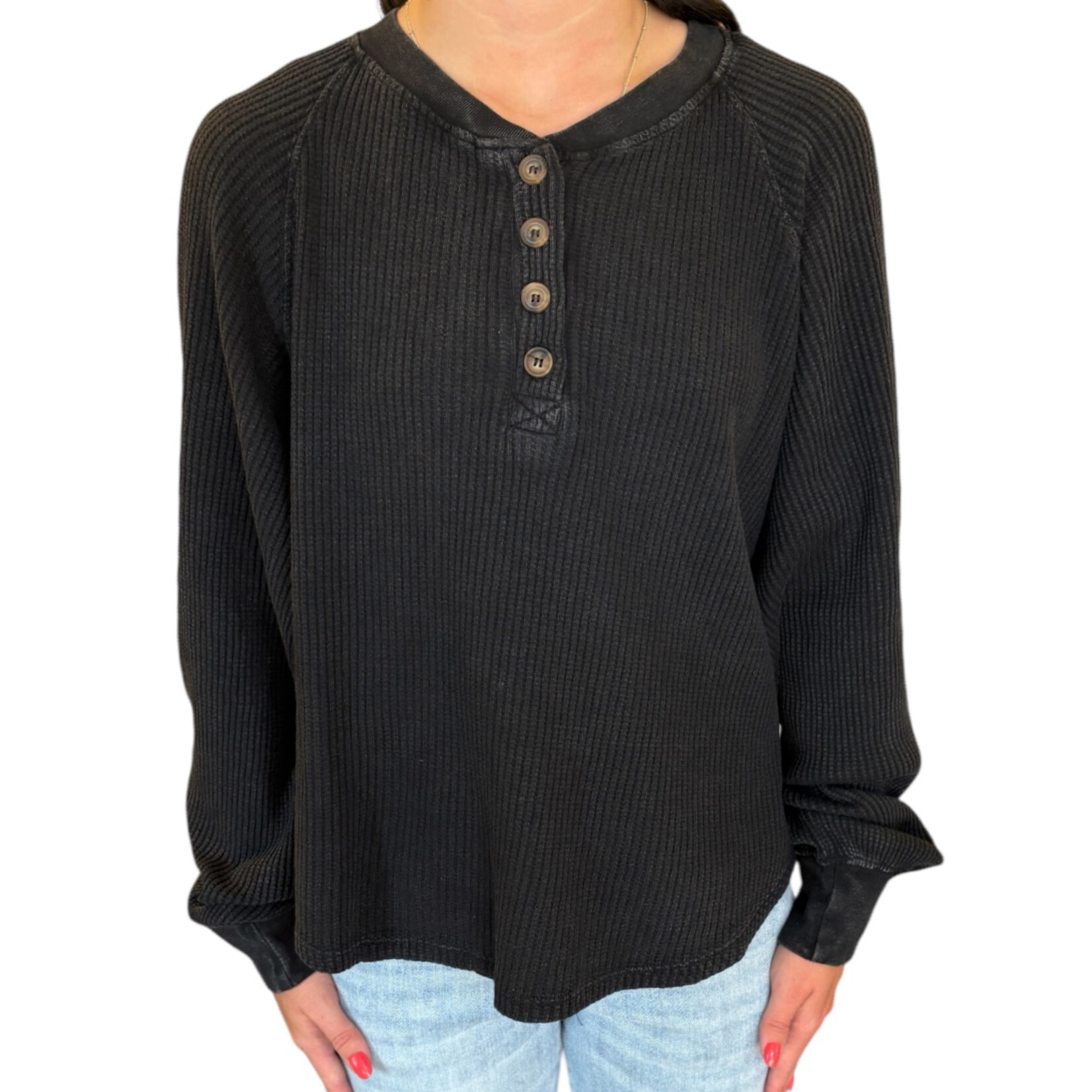 Black Mineral Washed Henley Waffle Knit Top