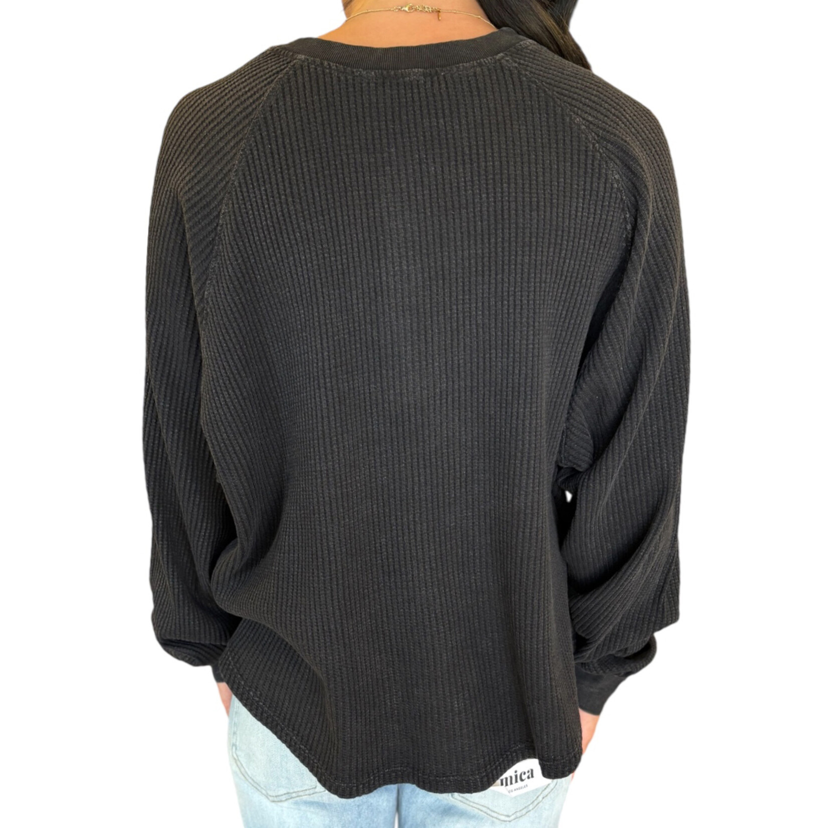 Black Mineral Washed Henley Waffle Knit Top