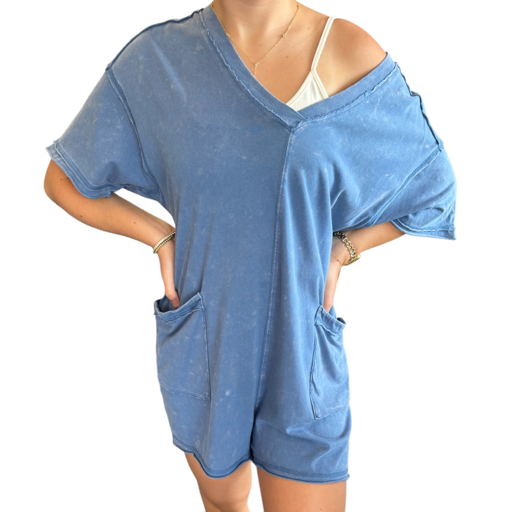 Mineral Washed Oversized Casual Knit Romper - Denim