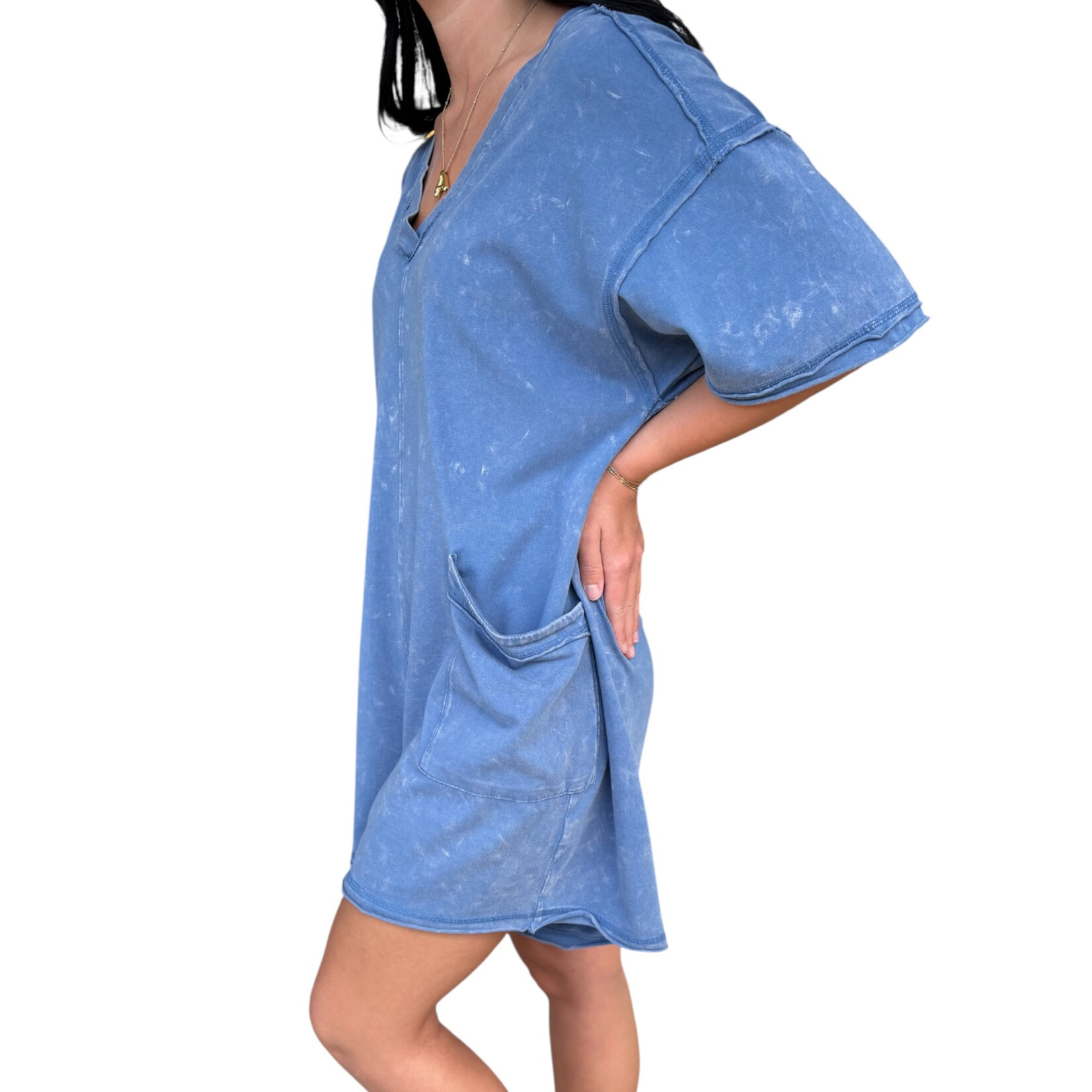 Mineral Washed Oversized Casual Knit Romper - Denim