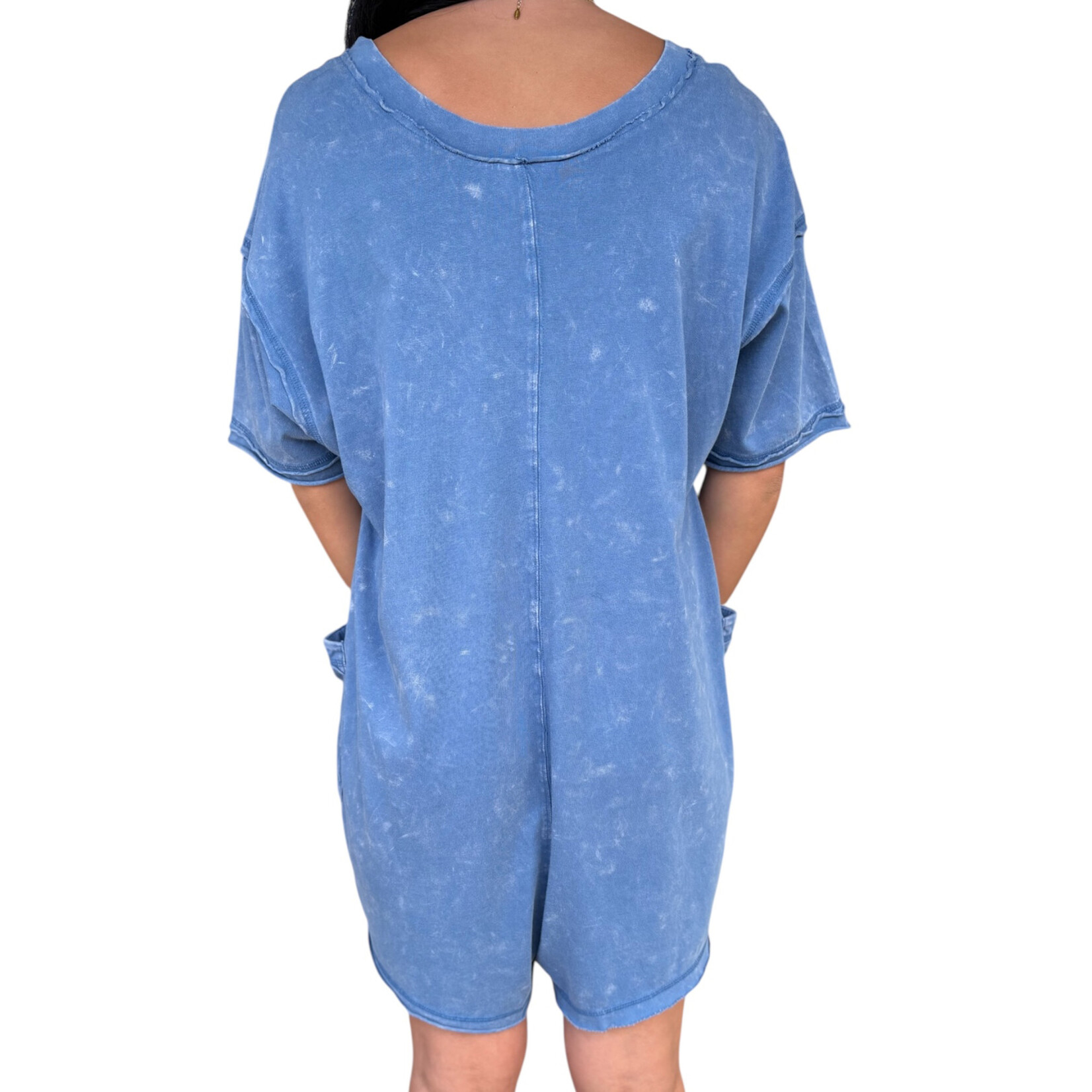 Mineral Washed Oversized Casual Knit Romper - Denim