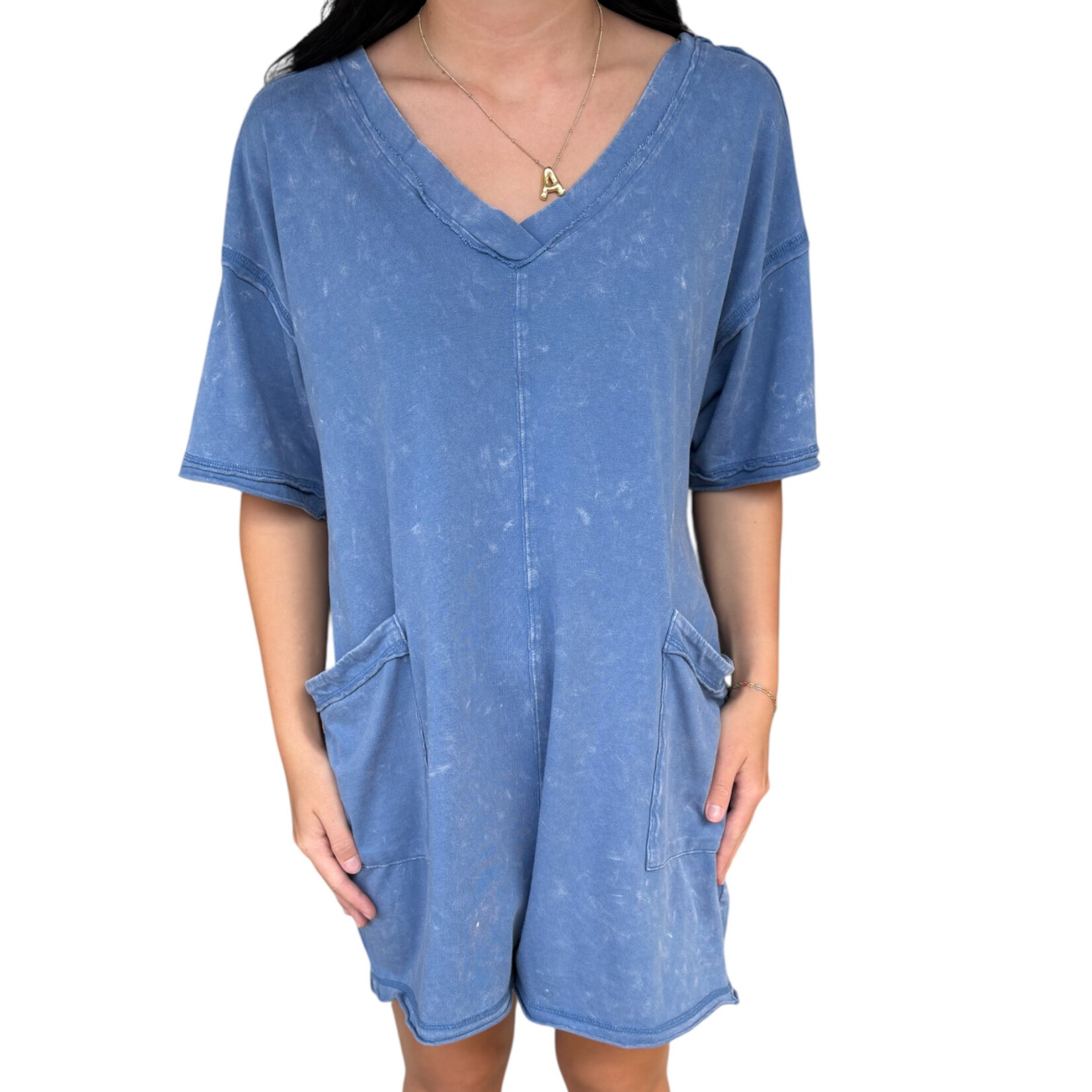 Mineral Washed Oversized Casual Knit Romper - Denim