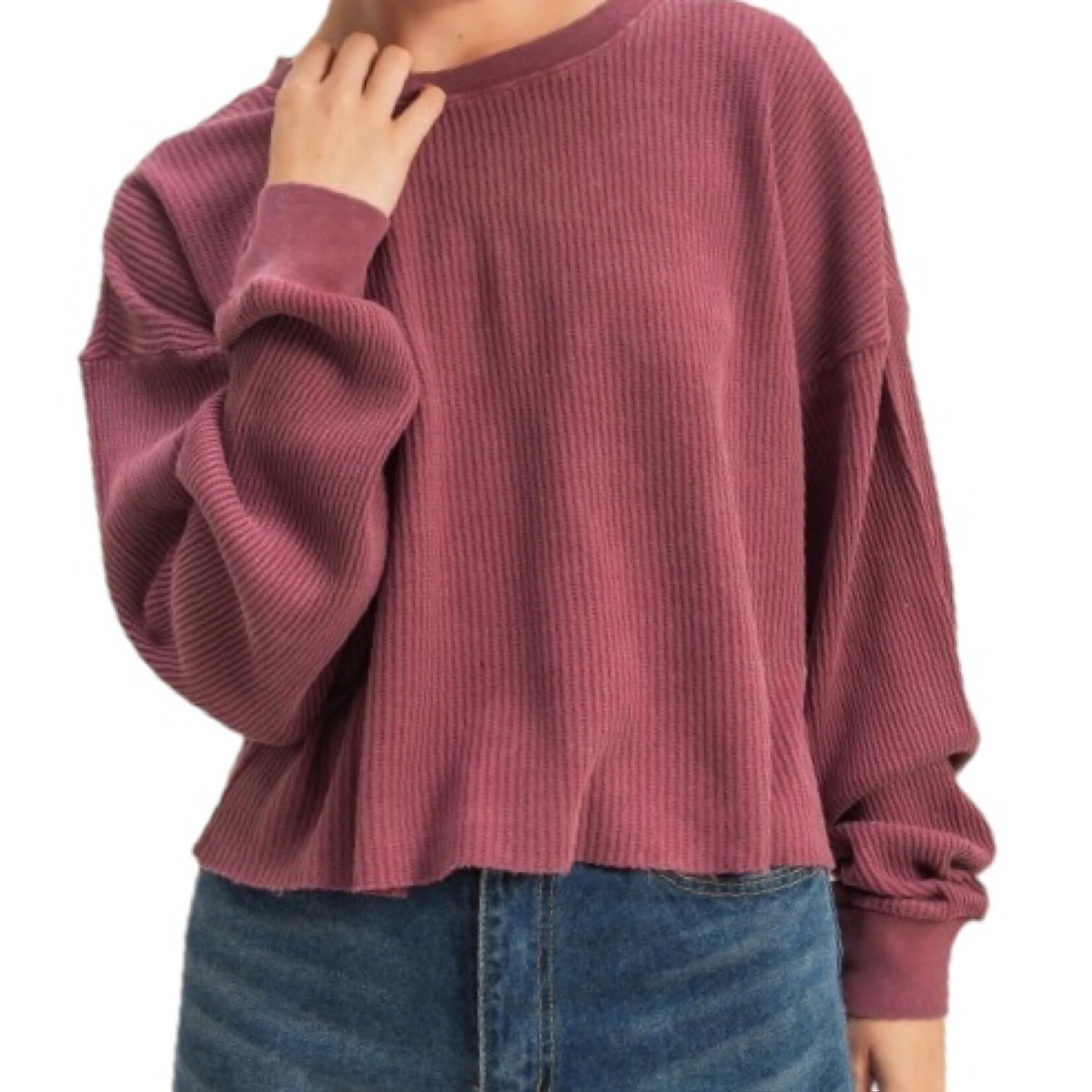 Dark Cherry Mineral Washed Waffle Knit Top