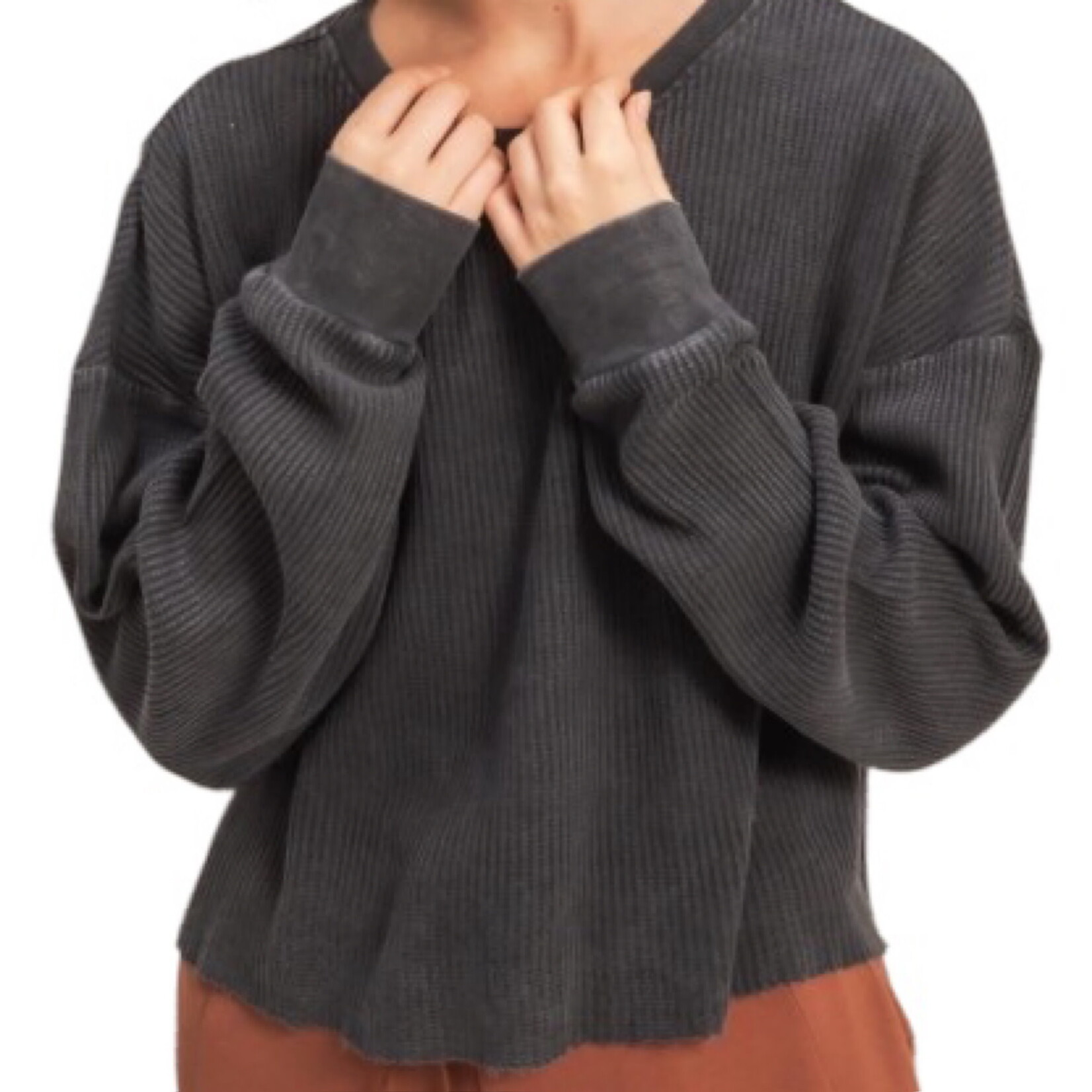 Black Mineral Washed Waffle Knit Top