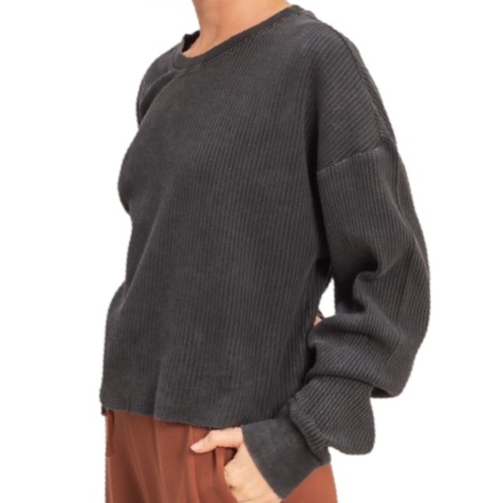 Black Mineral Washed Waffle Knit Top