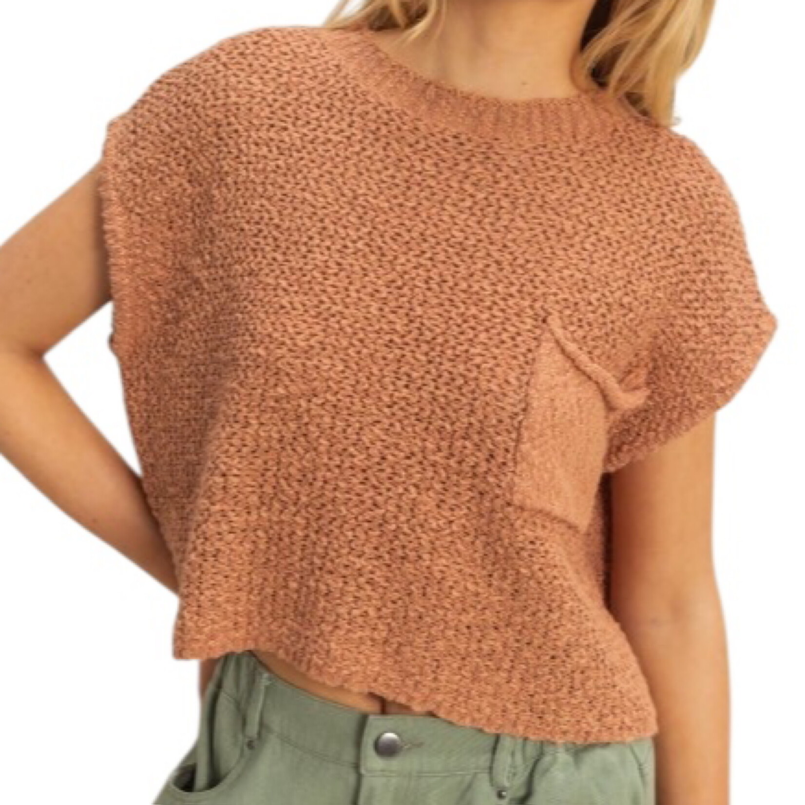 L. Brown Knitted Sweater Top with Pocket Detail