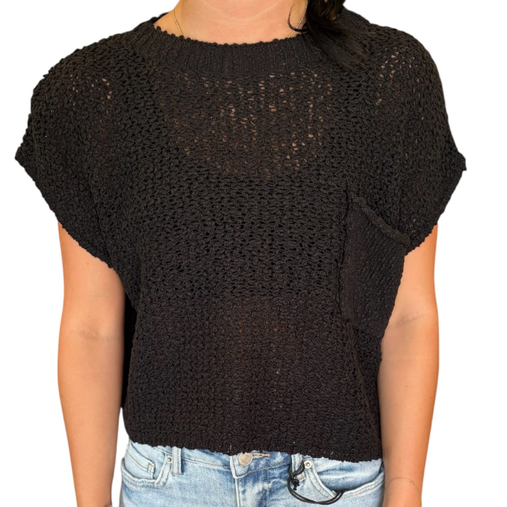 Black Knitted Sweater Top with Pocket Detail