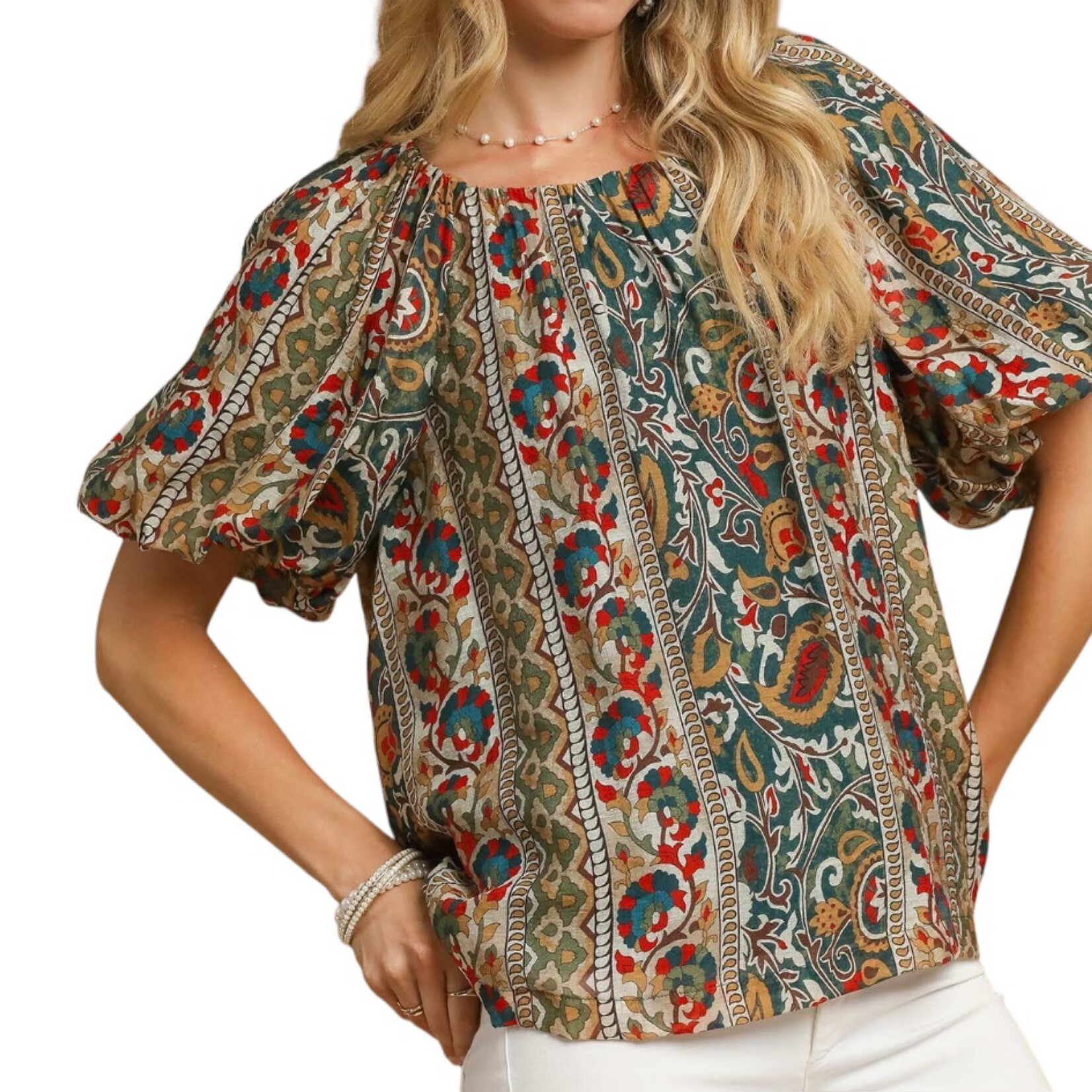 Green Boho Floral Stripe Puff Sleeve Blouse