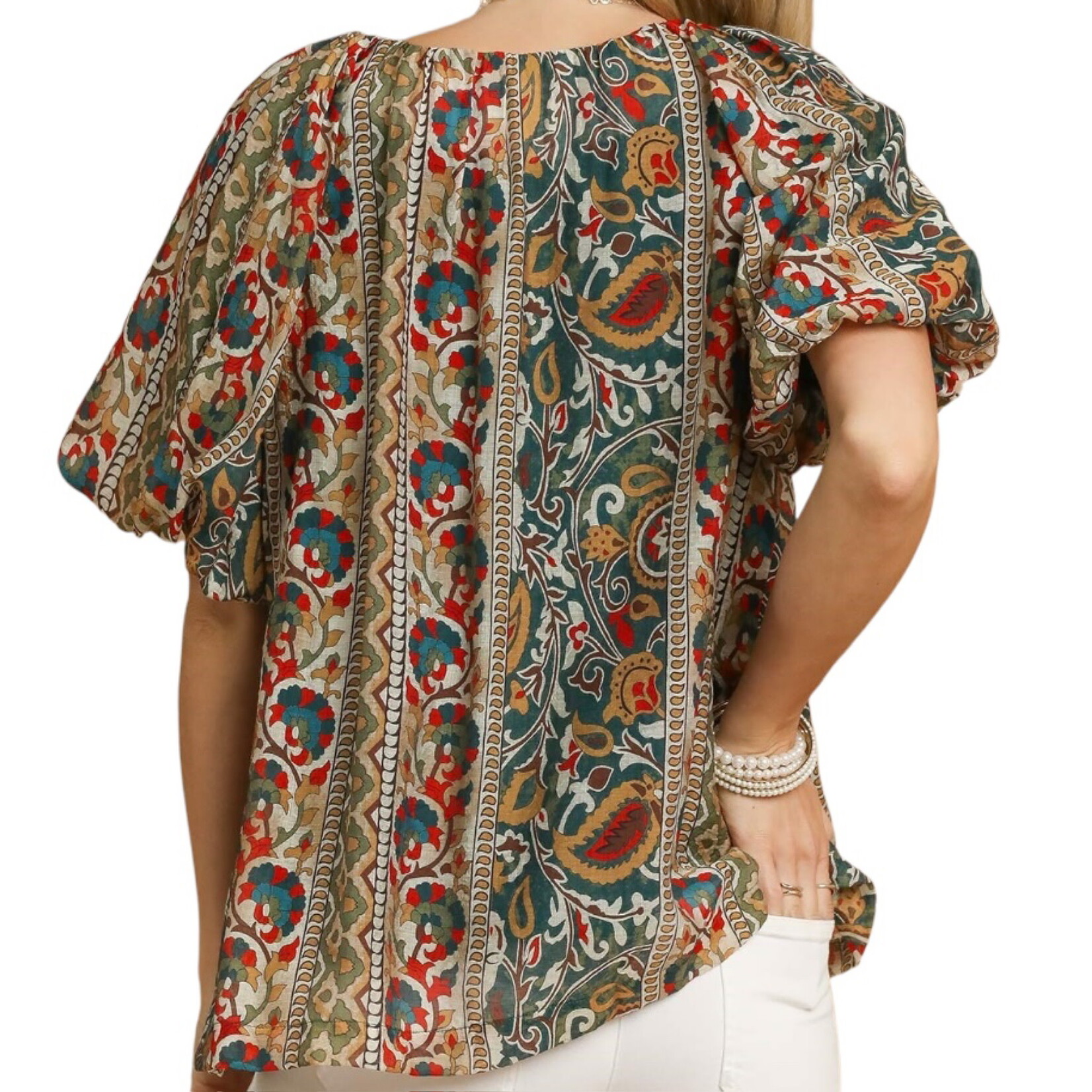 Green Boho Floral Stripe Puff Sleeve Blouse