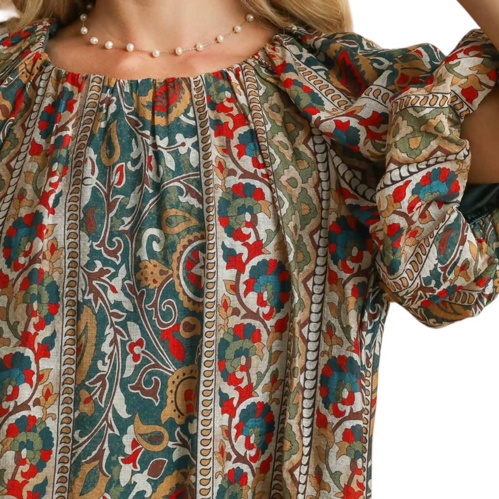 Green Boho Floral Stripe Puff Sleeve Blouse