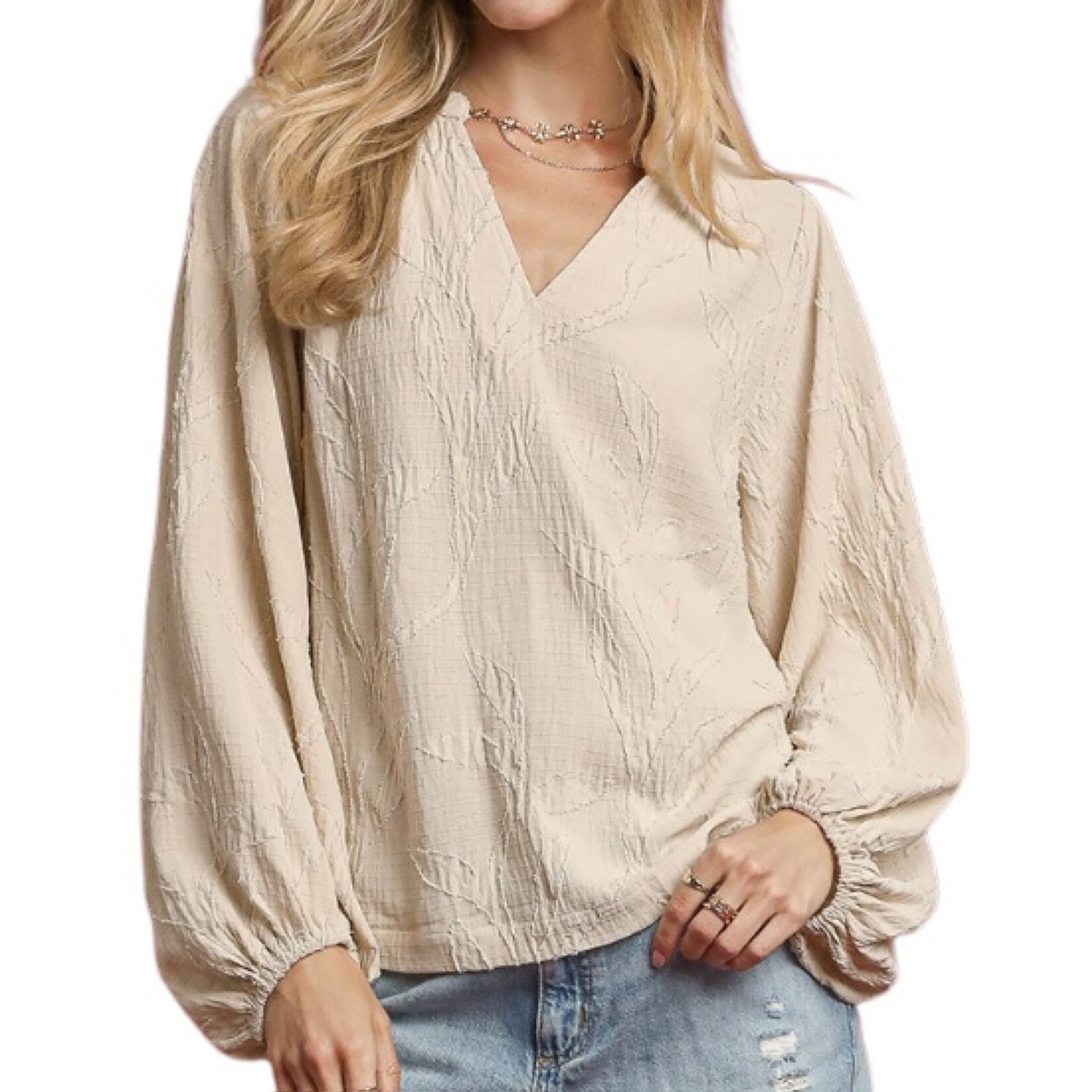 Champagne Textured Jacquard V-Neck Top