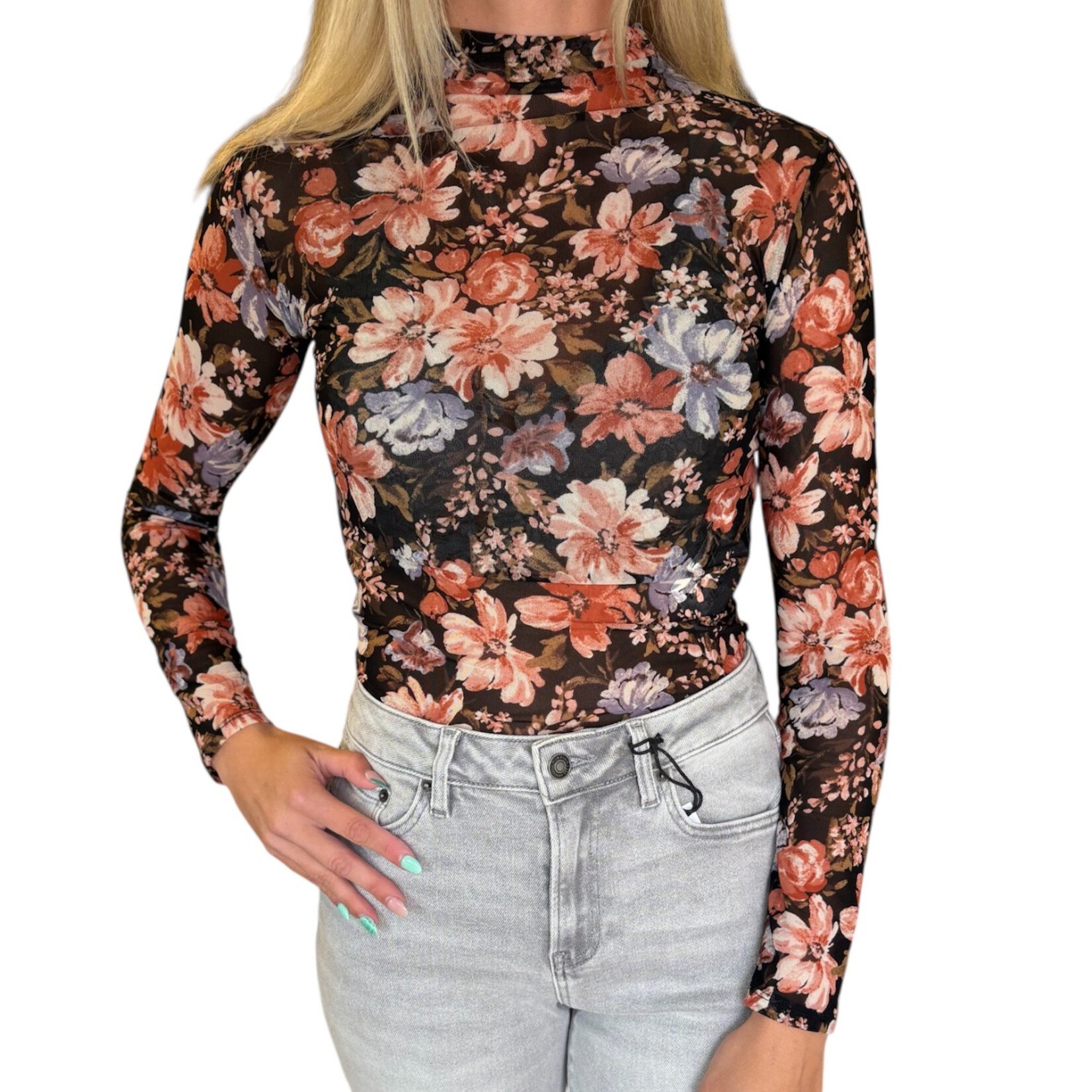 Black Multi Floral Mock Neck Sheer Knit Top