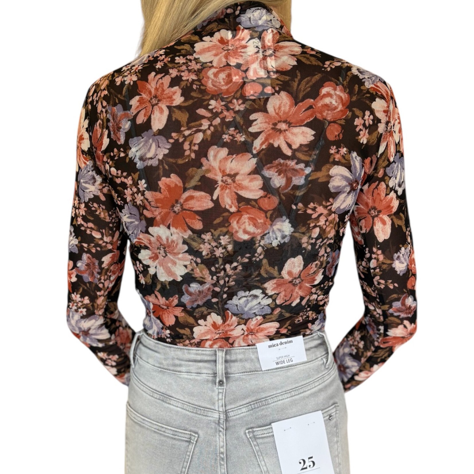 Black Multi Floral Mock Neck Sheer Knit Top