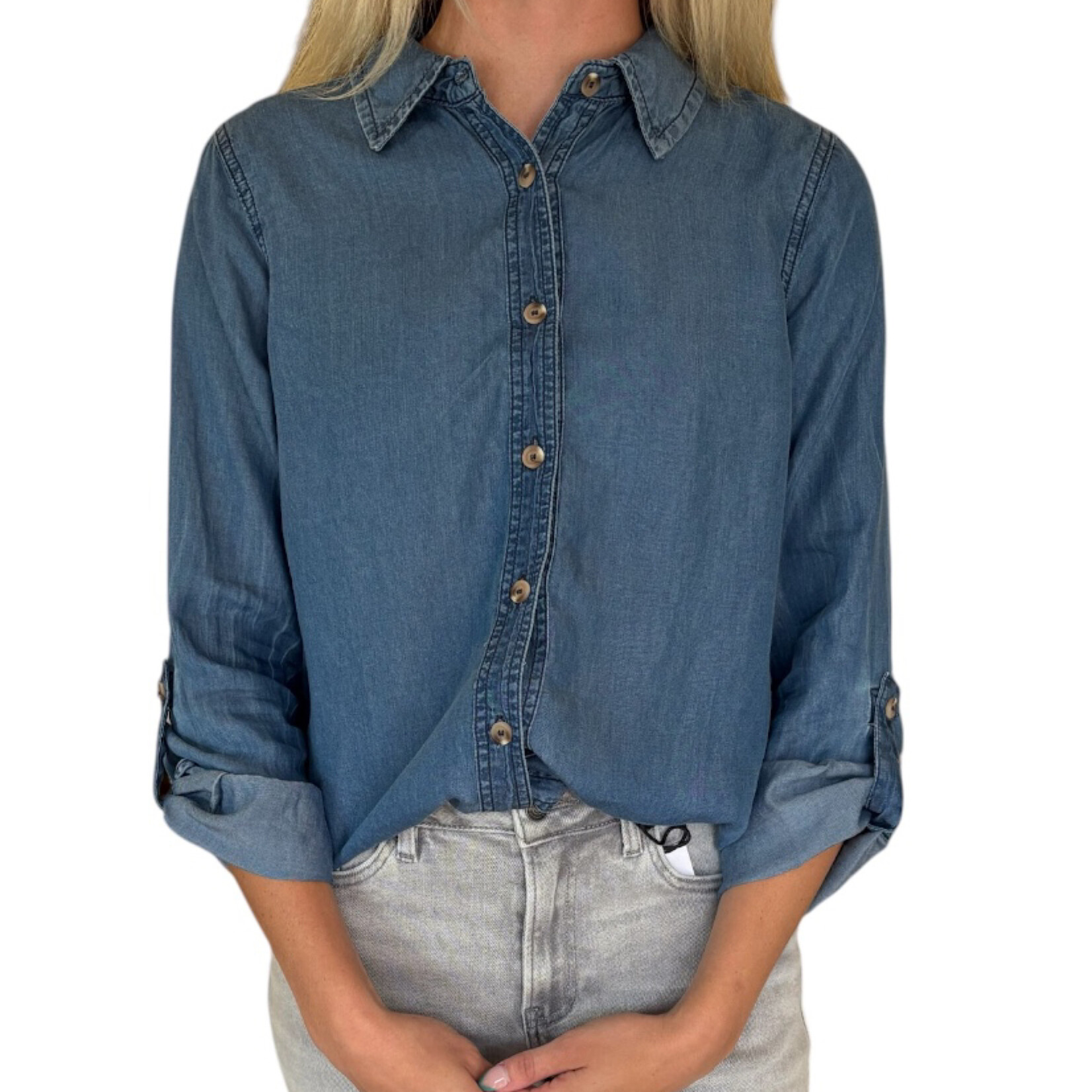Chambray Button Up Top with Roll Tab Sleeves