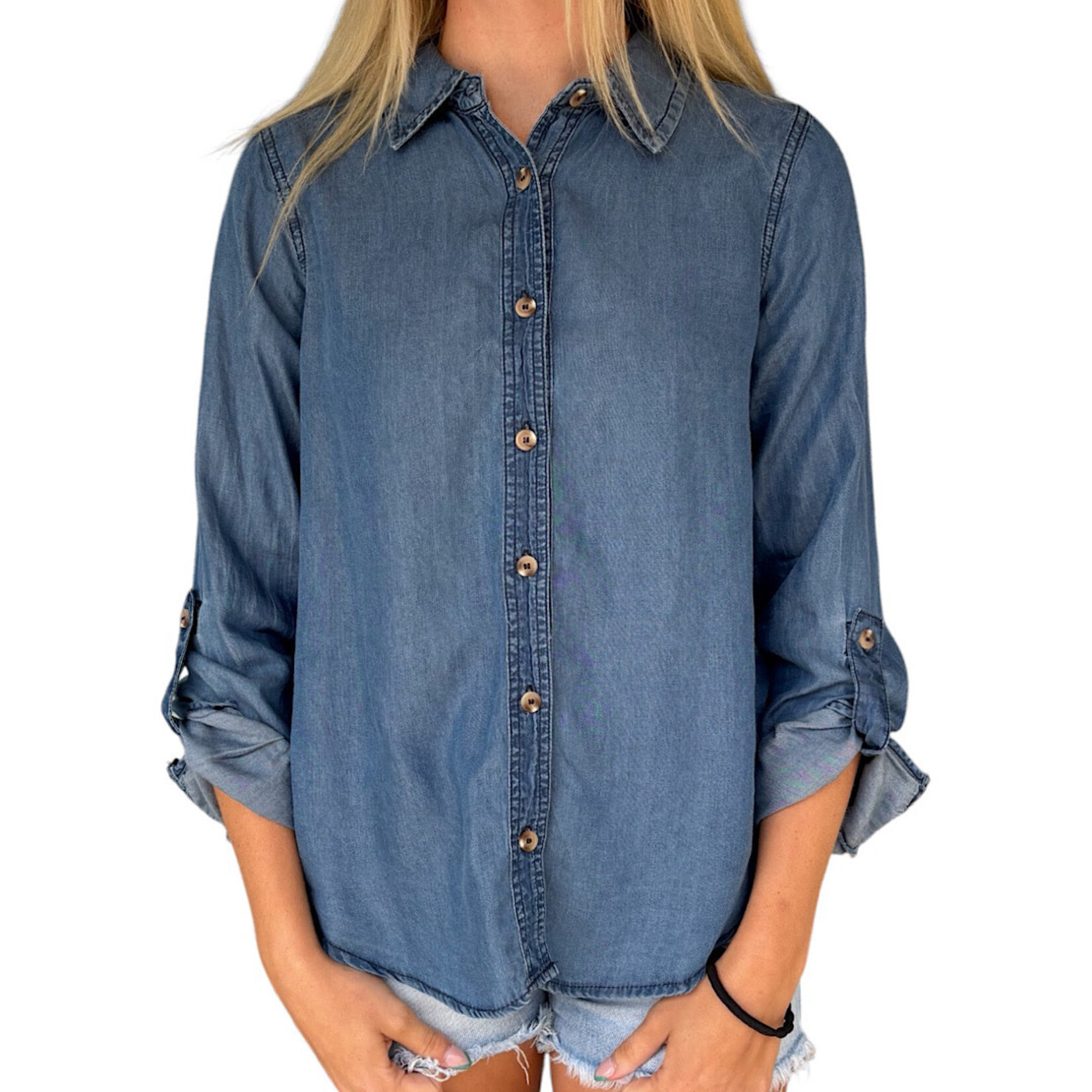 Chambray Button Up Top with Roll Tab Sleeves