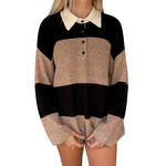 Khaki Wide Stripe Contrast Collar Polo Sweater