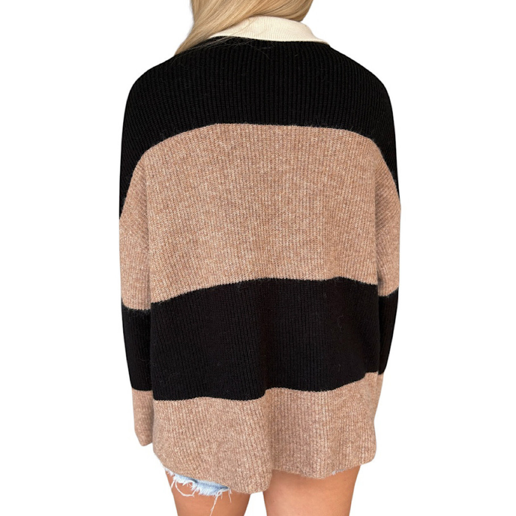 Khaki Wide Stripe Contrast Collar Polo Sweater