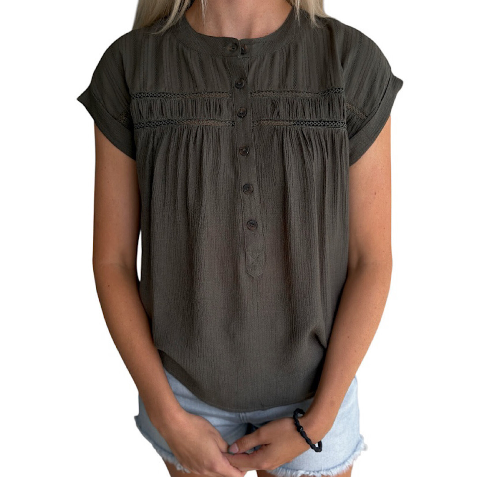 Plus Olive Eyelet Trim Half Button Short Sleeve Top