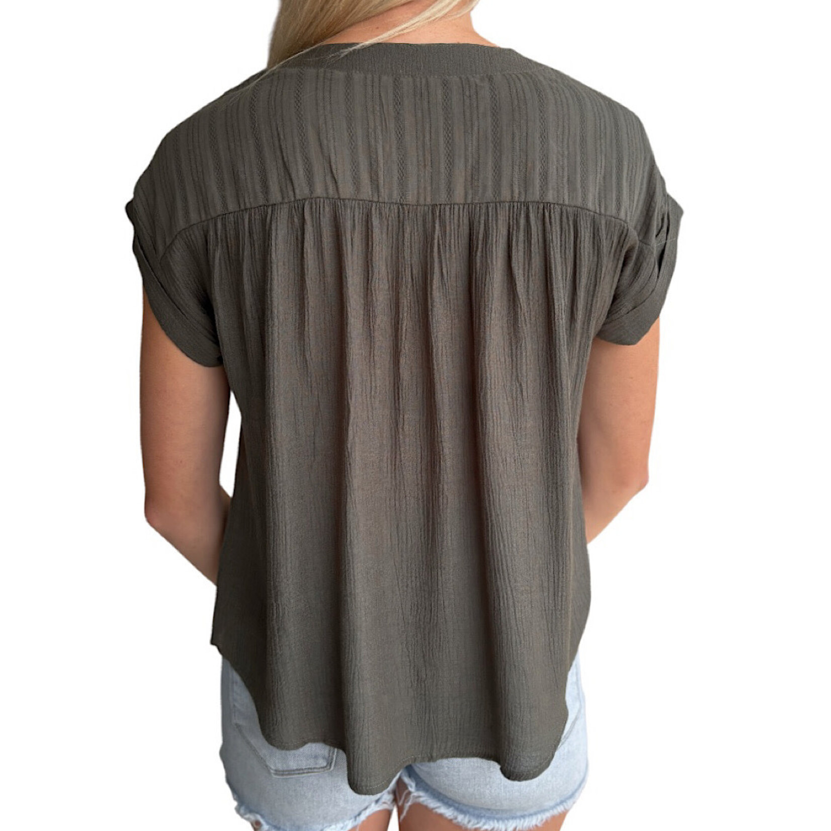 Olive Eyelet Trim Half Button Short Sleeve Top