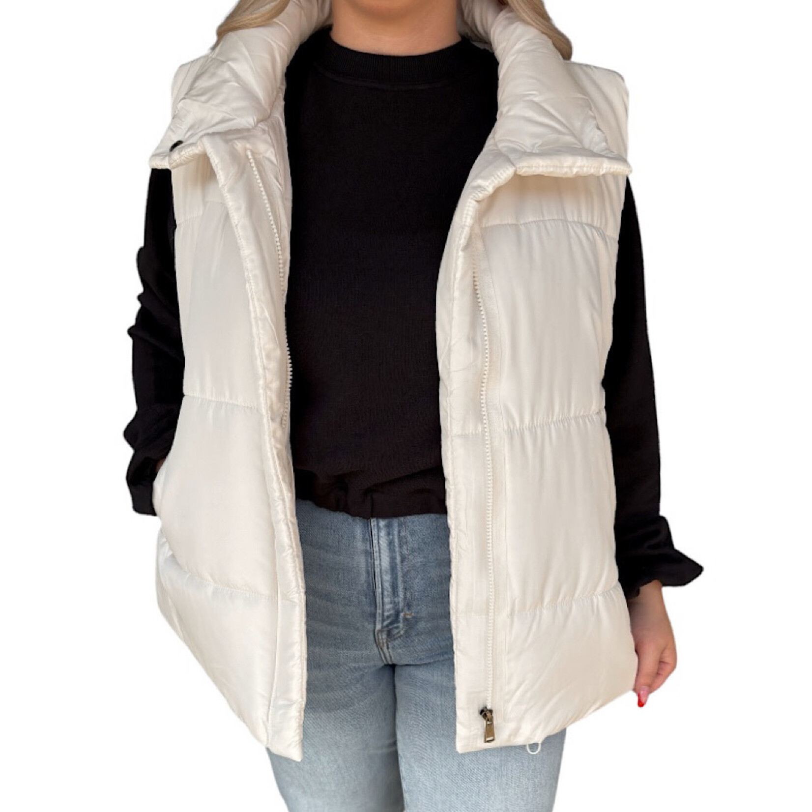 Plus Ivory Solid Zip Up Puffer Vest