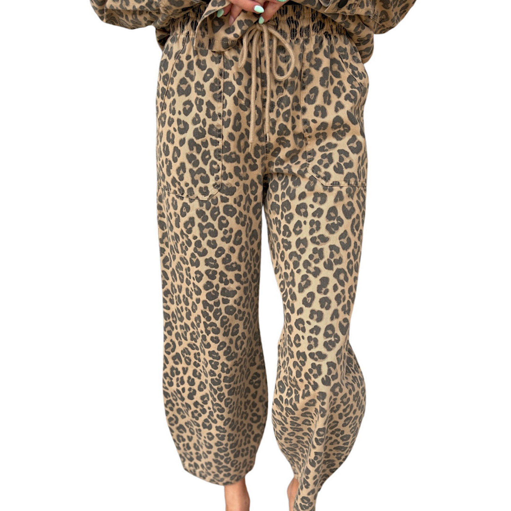 Brown Leopard Print Drawstring Parachute Pants
