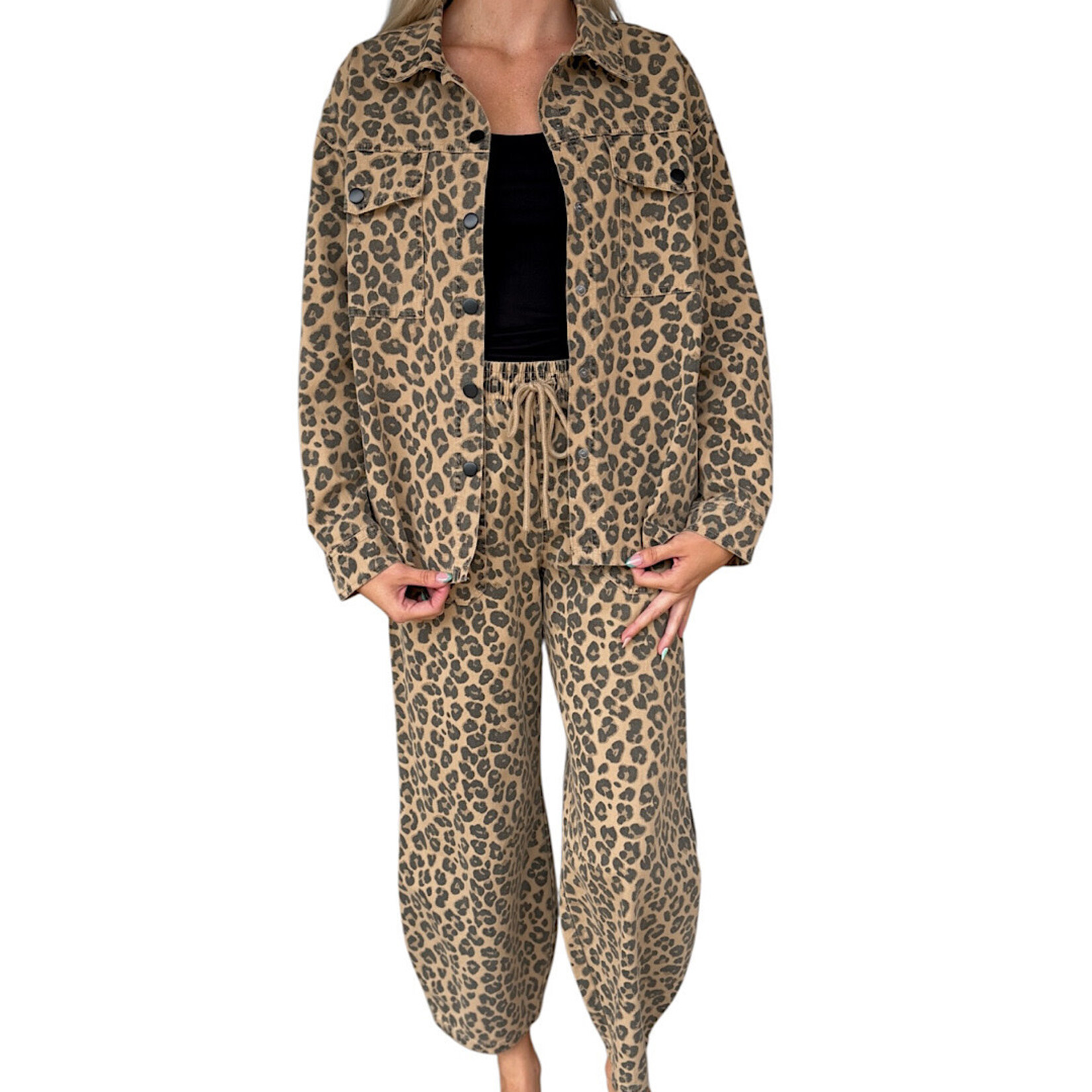 Brown Leopard Print Drawstring Parachute Pants